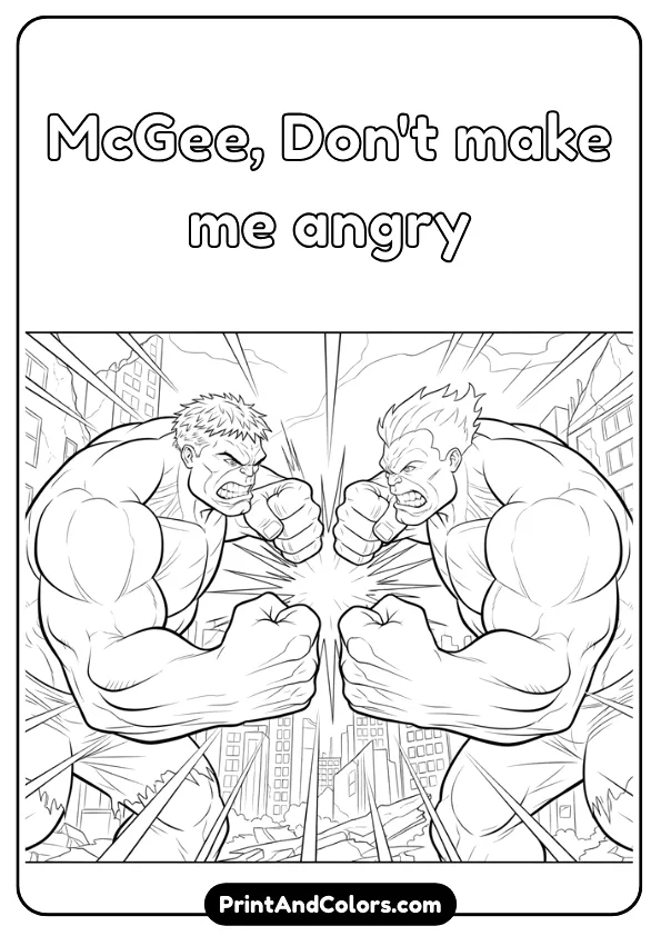 Black and white line-art of Hulk clashing with Red Hulk, fists collided, aggressive expressions, strong comic outlines