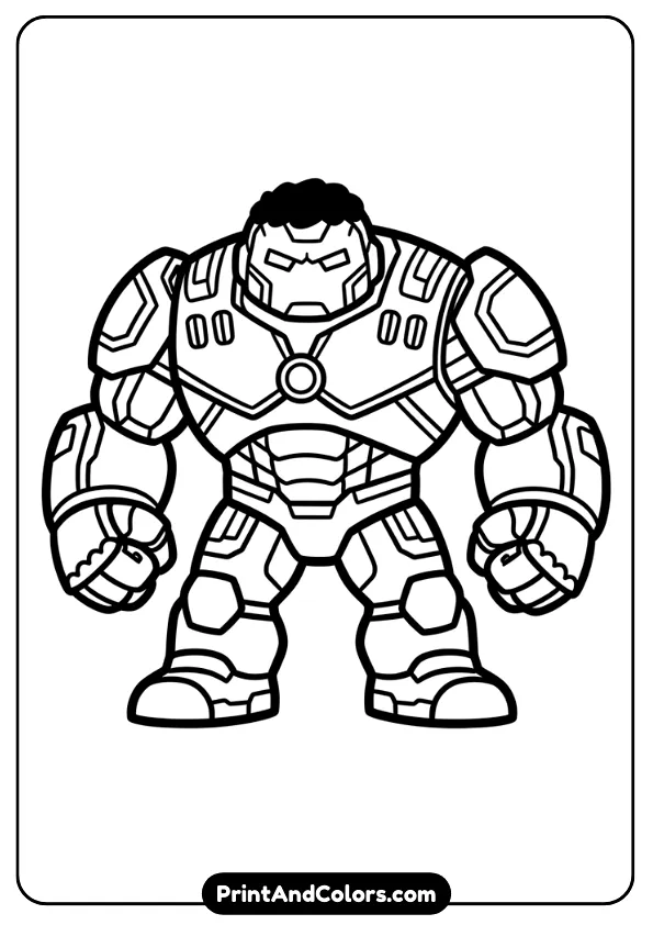Simple cartoon-style Hulkbuster armor standing in strong pose, thick outlines, simplified details, kid-friendly black and white line art