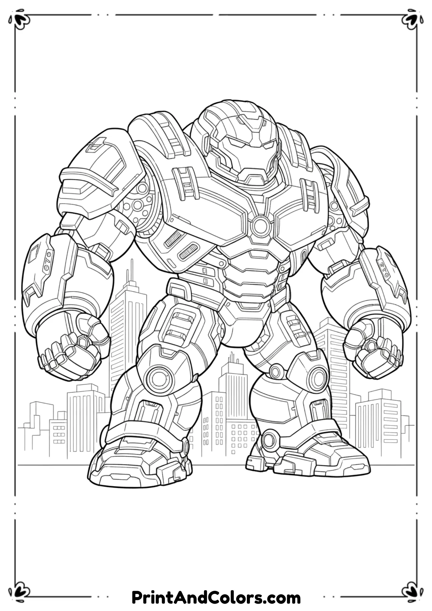 Line drawing of massive Hulkbuster armor suit, heavy details but clean outlines.
