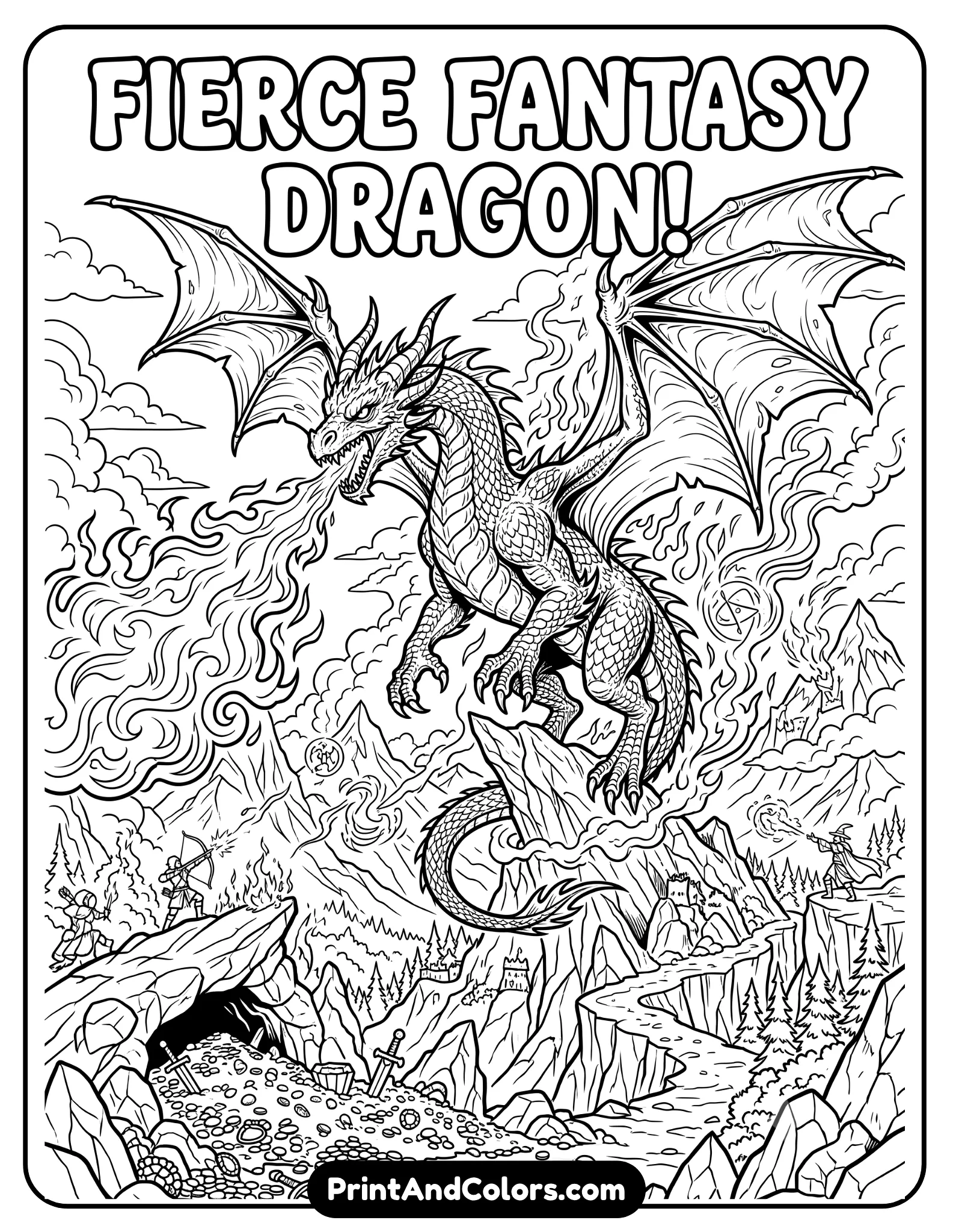 Highly detailed black and white coloring page of a fierce fantasy dragon with massive wings, sharp horns, scales, claws, and fire breath. Include rocky mountains, flames, treasure, smoke, and magical battle atmosphere. Printable fantasy line art with intricate dragon textures