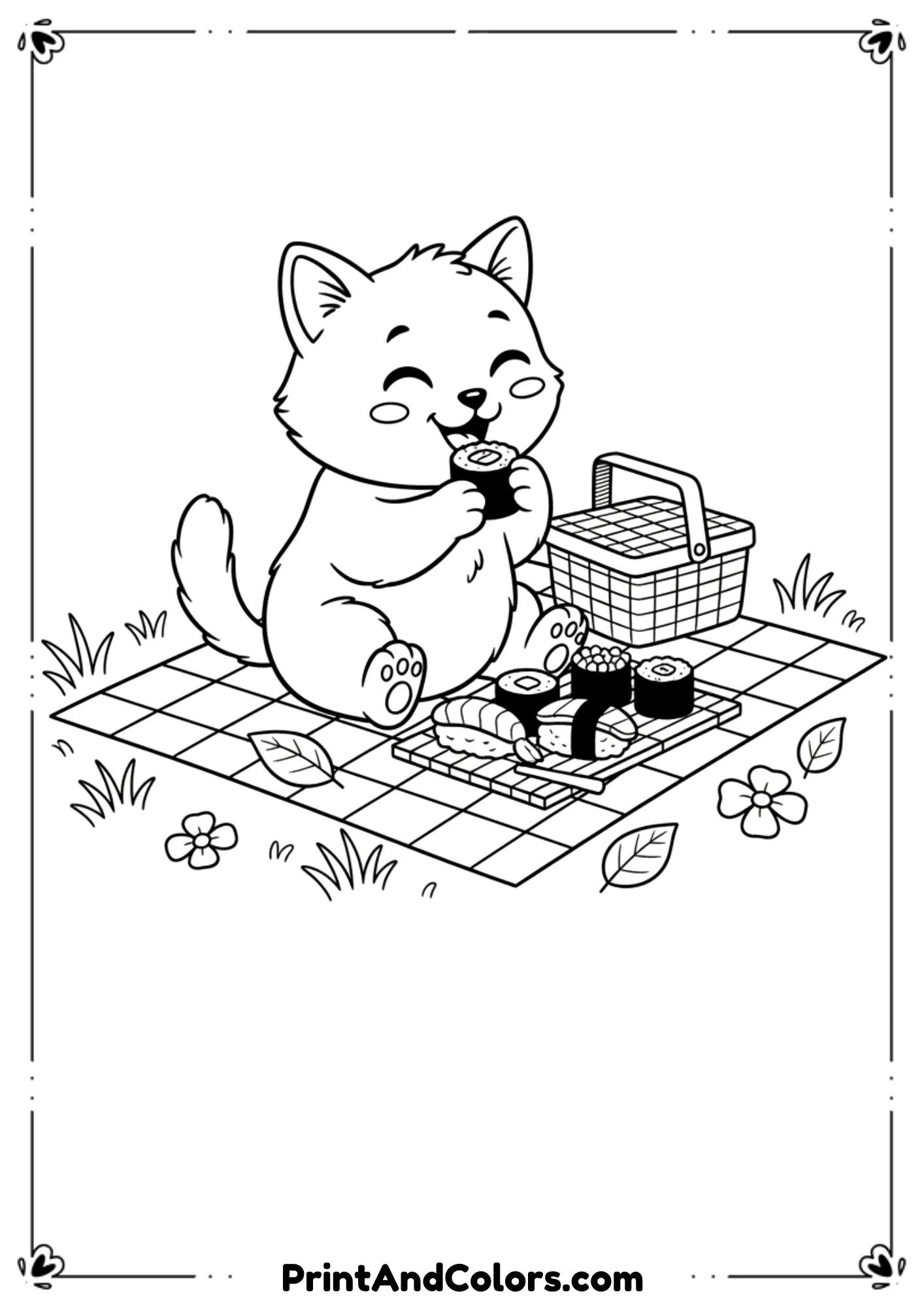 A cute kitten at a picnic eating sushi, small picnic basket beside, black-and-white cartoon-style line art.