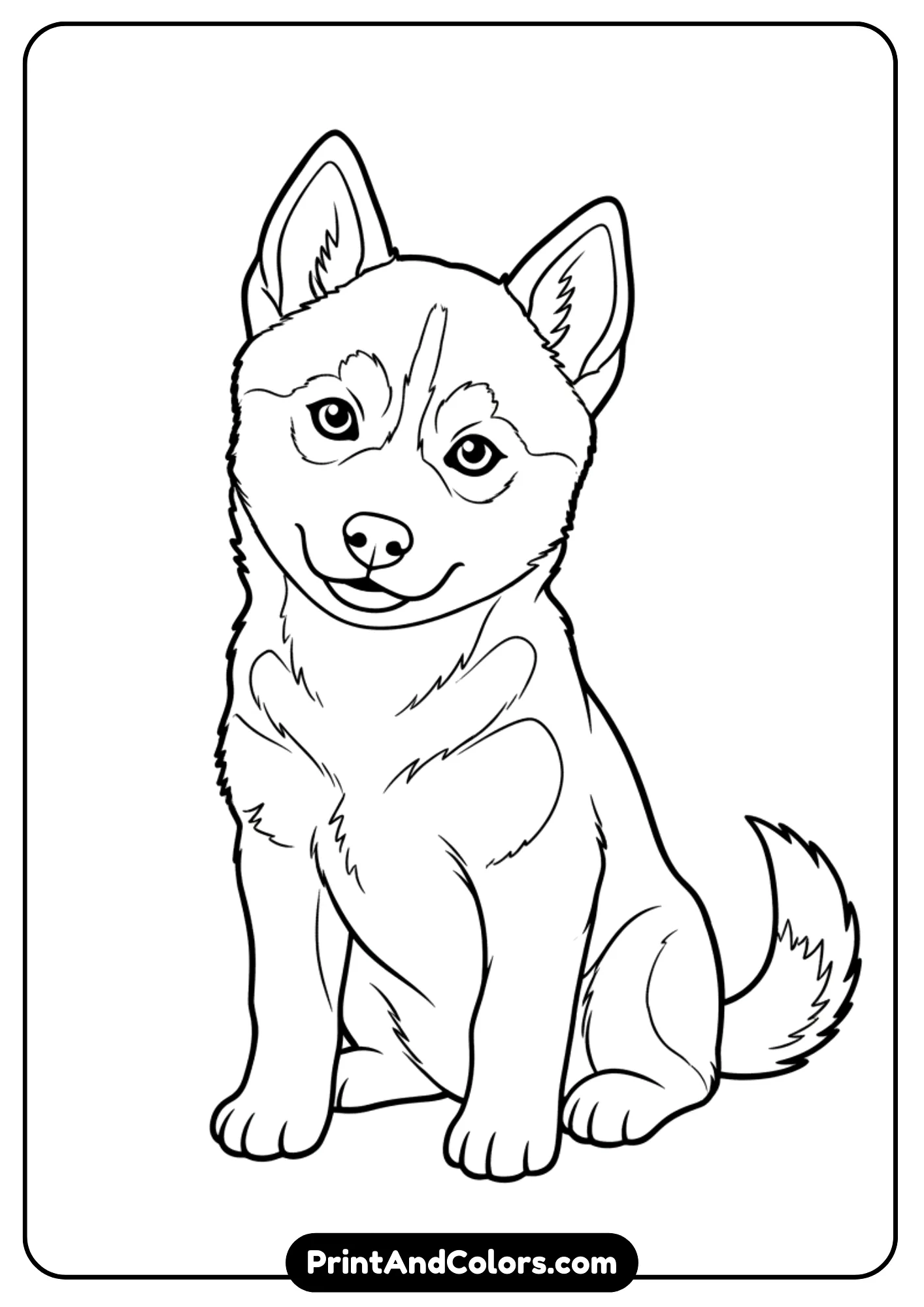 Black and white line art of a Husky puppy with pointy ears, fluffy tail, and distinct facial markings simplified into outlines. Designed for a coloring page.