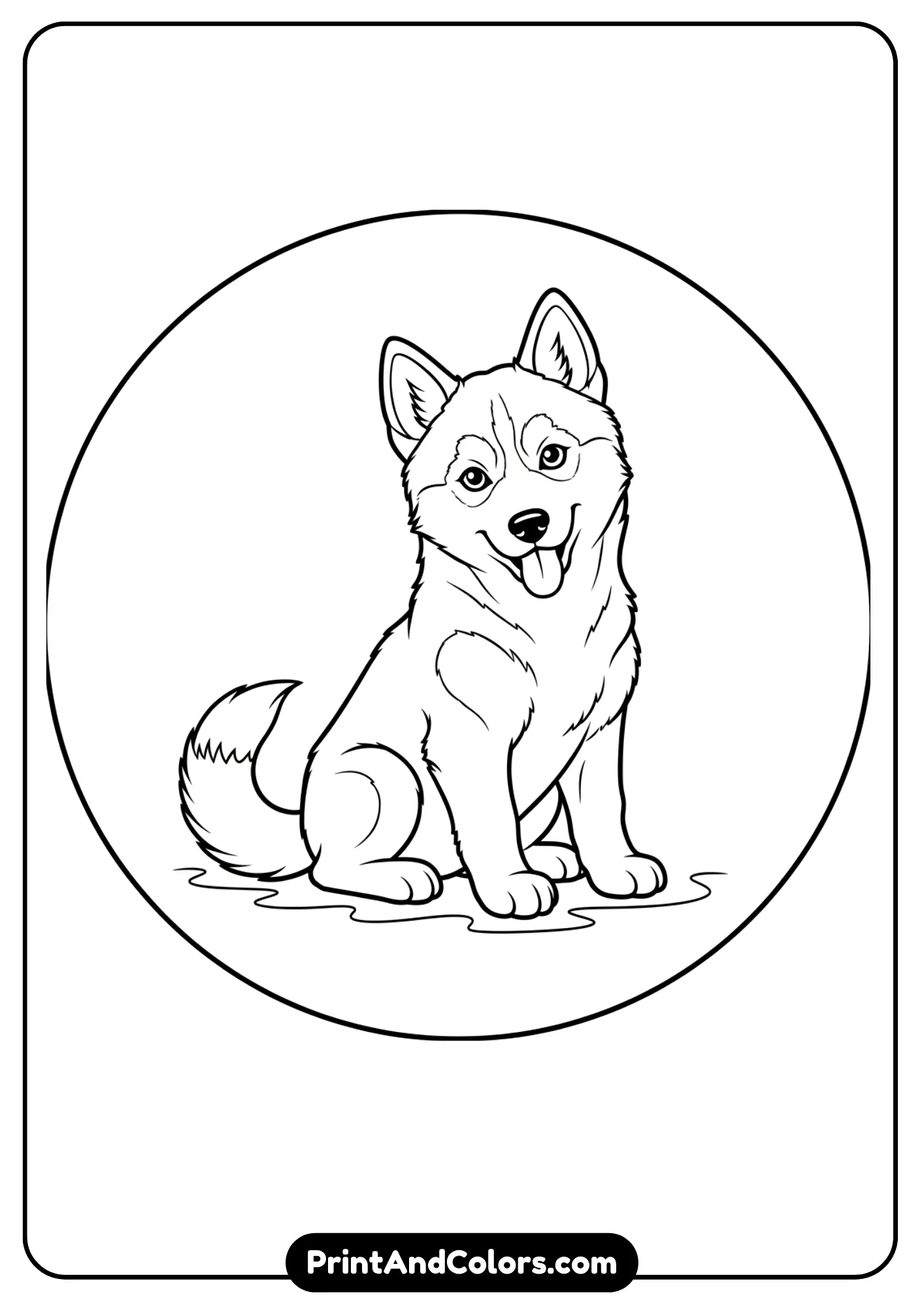 Line art of a Husky puppy sitting with tongue sticking out playfully. Clean black and white design for coloring pages.