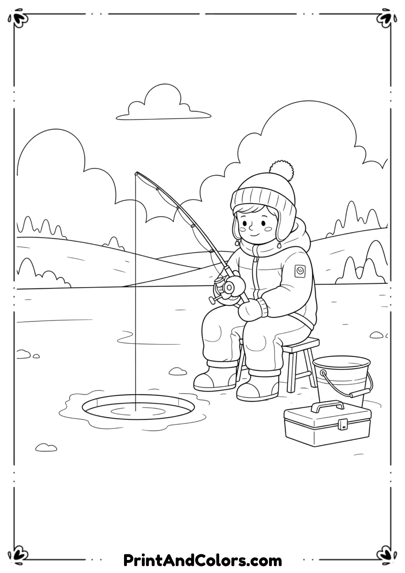 Winter scene showing a child ice fishing beside a hole in frozen lake, fishing rod, bucket, and snow-covered background. Clean outlines.