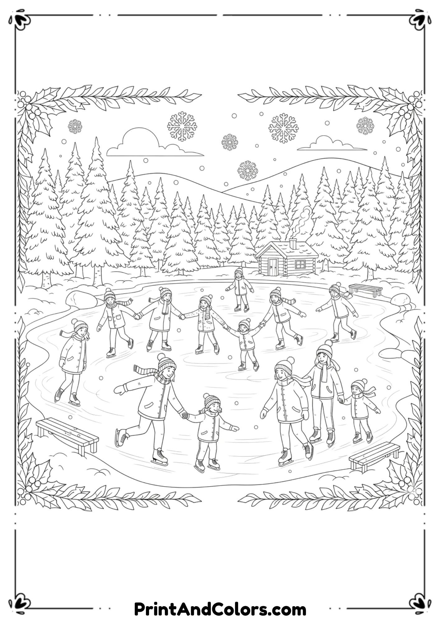 Line art illustration of children and families ice skating on a frozen lake surrounded by snow-covered trees, wearing scarves and hats.
