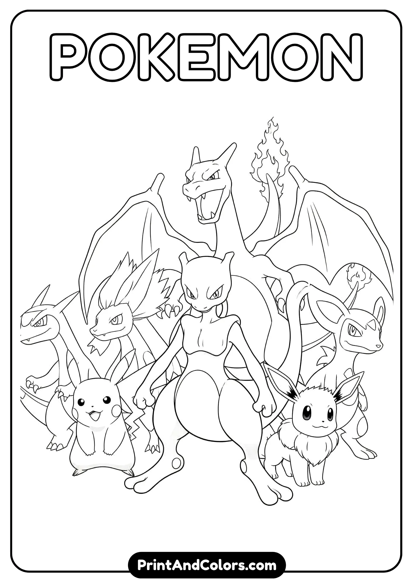 Iconic Pokemon heroes together – legendary coloring page.


