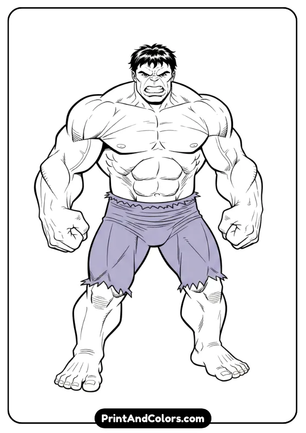 Classic Incredible Hulk standing tall, flexing muscles, iconic angry face, clean comic-style line art, no shading