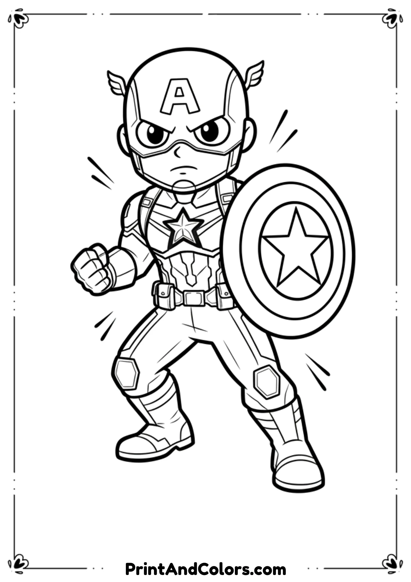 Black and white outline of Captain America in Infinity War outfit, battle-ready pose with shield.
