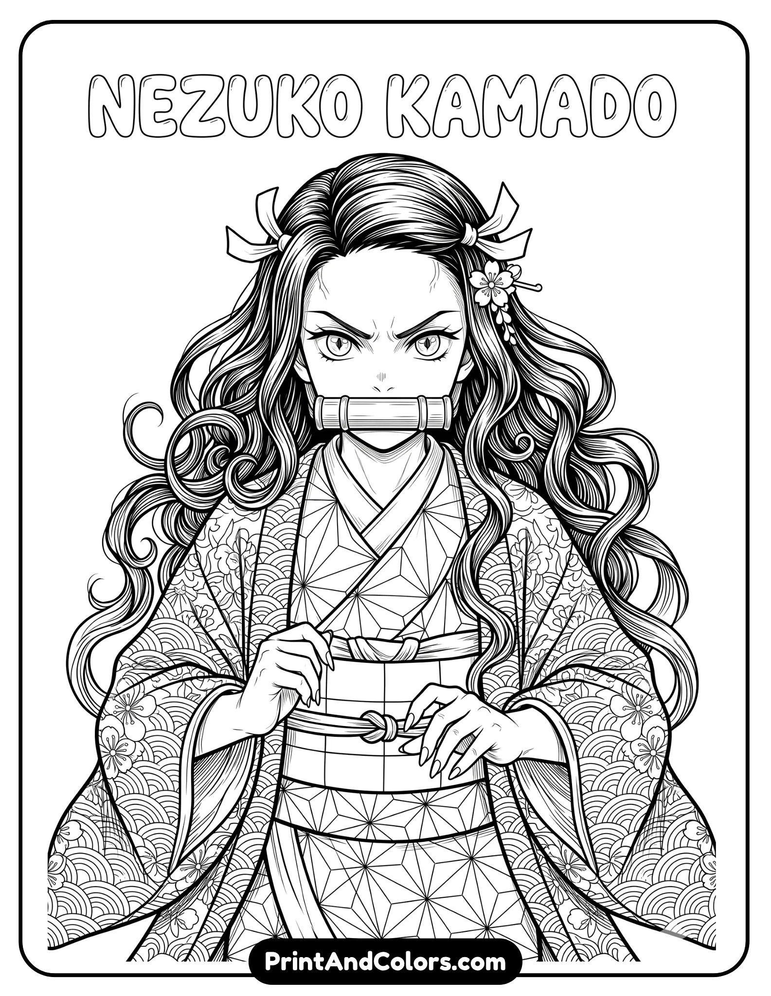 Highly detailed line art of Nezuko with intense expression, intricate hair strands, complex kimono patterns, suitable for advanced coloring