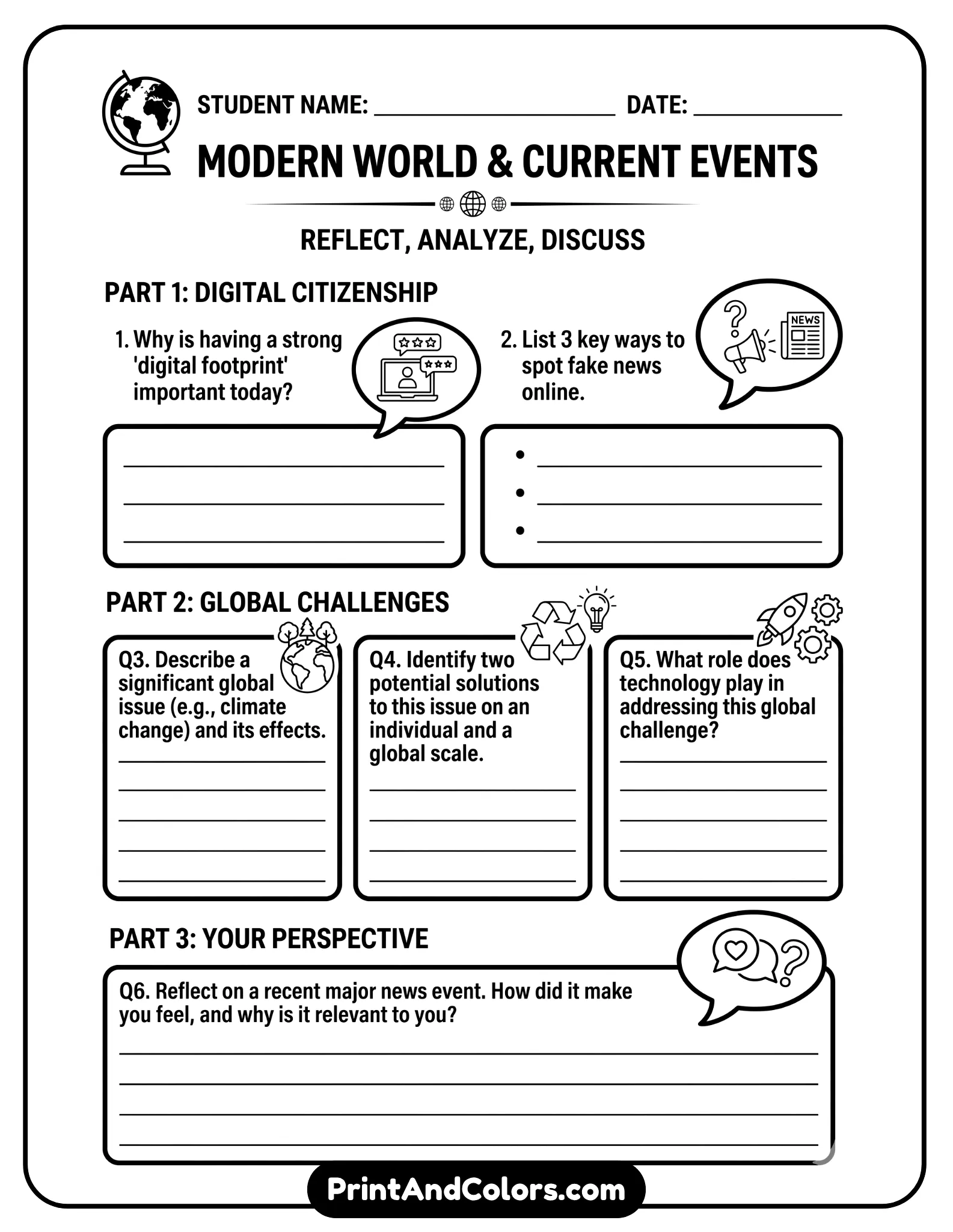 black-and-white high school worksheet with modern icons, speech bubbles, and structured question boxes. Clean, mature layout with minimal decoration and bold outlines.