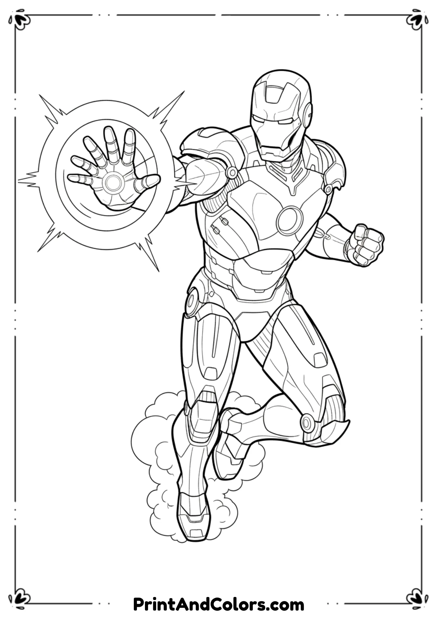 Black and white line art of Iron Man in his Iron Man 2 movie suit, action pose.
