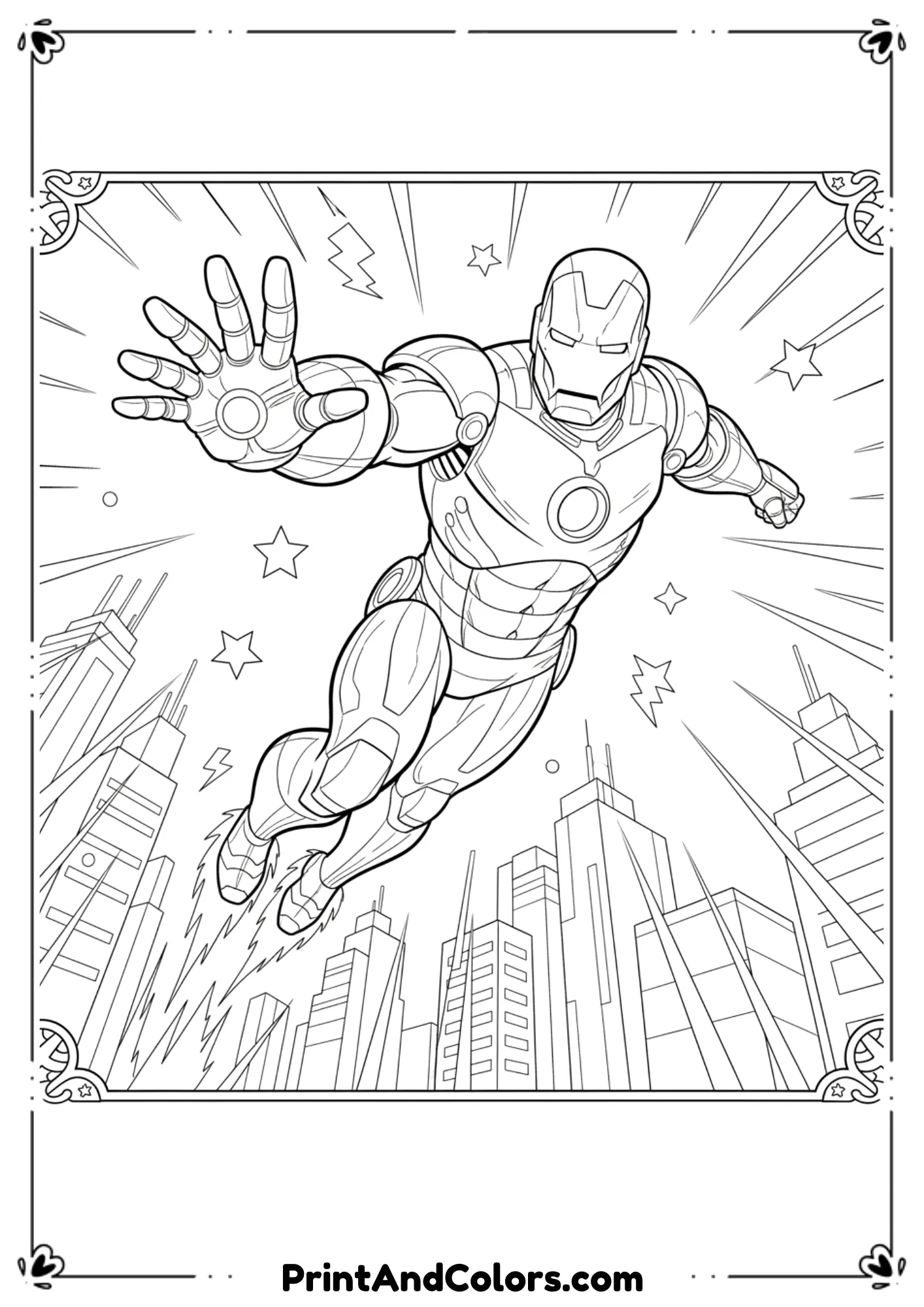 Line art of Iron Man flying through the sky with repulsor jets, clean outlines.
