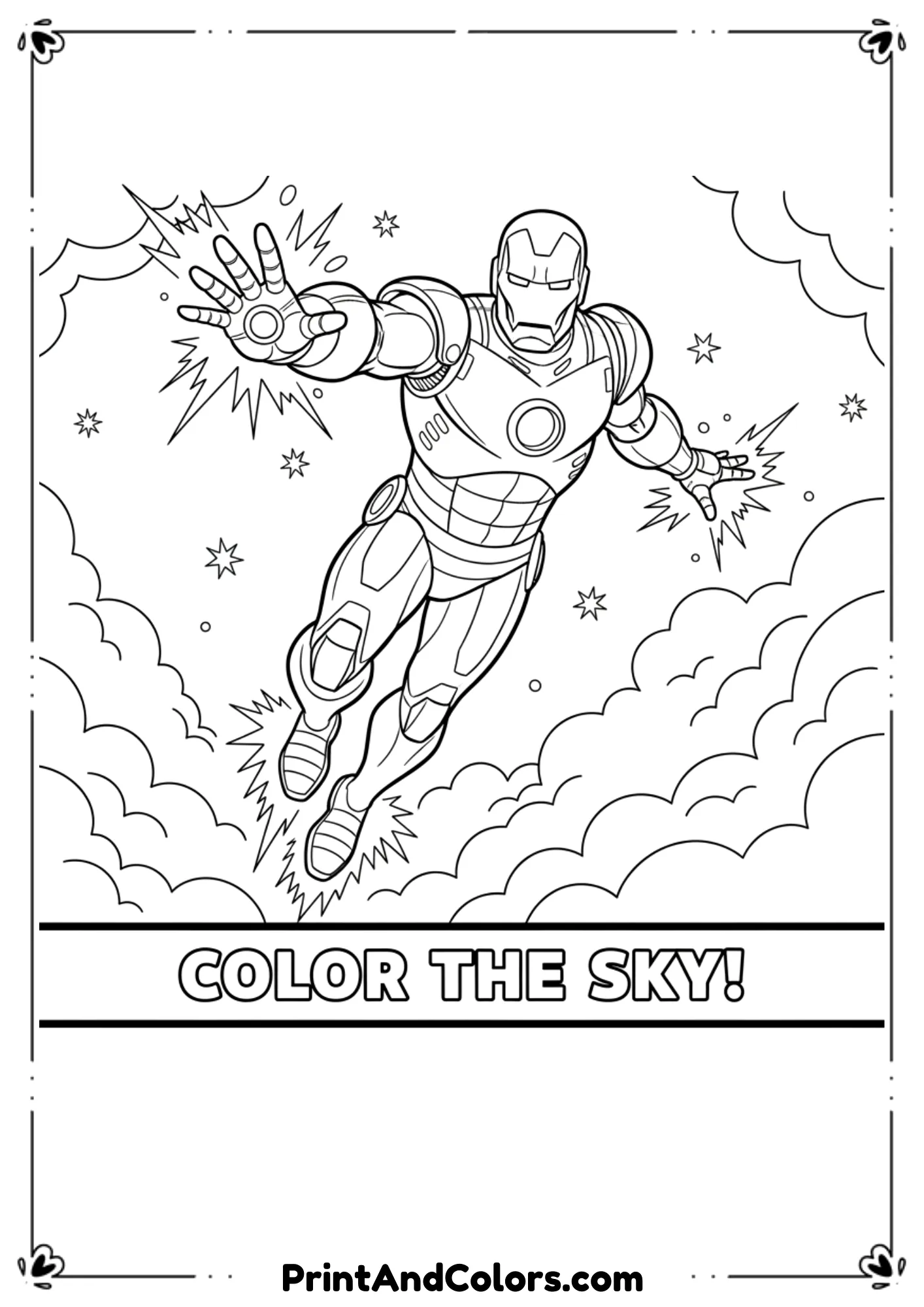Outline drawing of Iron Man flying upward with repulsor jets, clouds in background.

