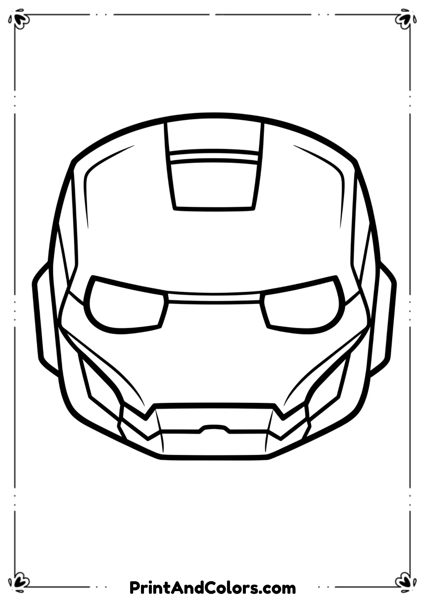 Black and white close-up line art of Iron Man’s helmet, bold outlines.
