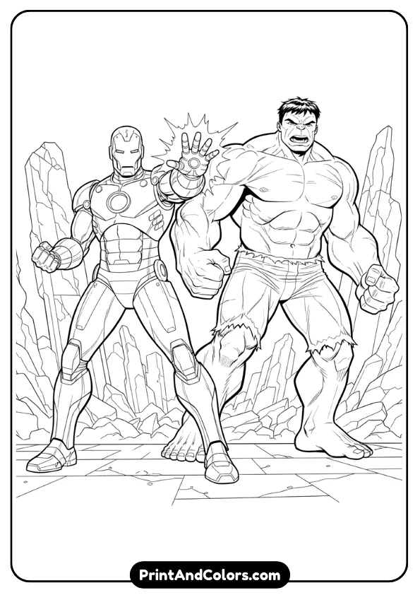 Black and white comic line-art of Iron Man and Hulk standing in heroic poses next to each other, clean outlines