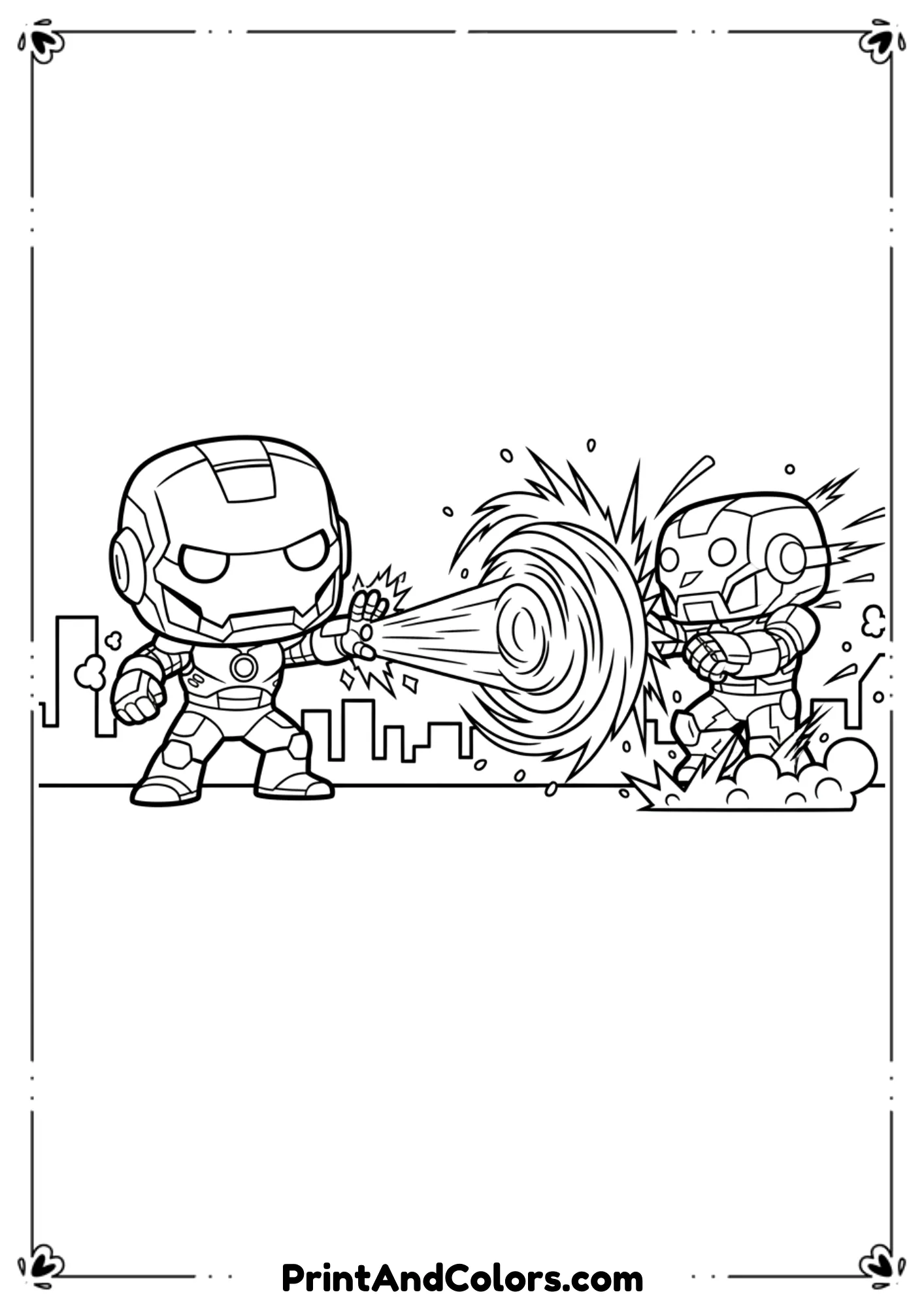 Line art of Iron Man blasting an enemy robot with his repulsor beam, action scene.
