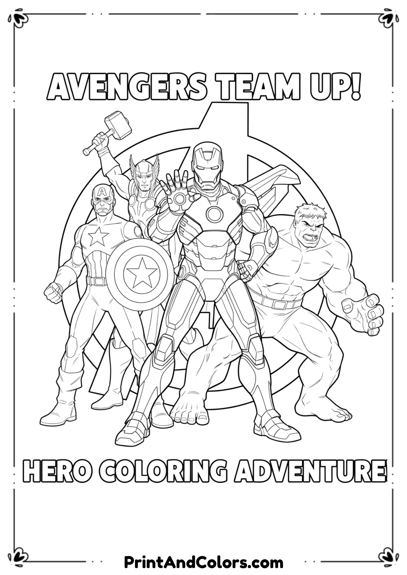  Line art of Iron Man standing in front with Avengers team behind (Captain America, Hulk, Thor).
