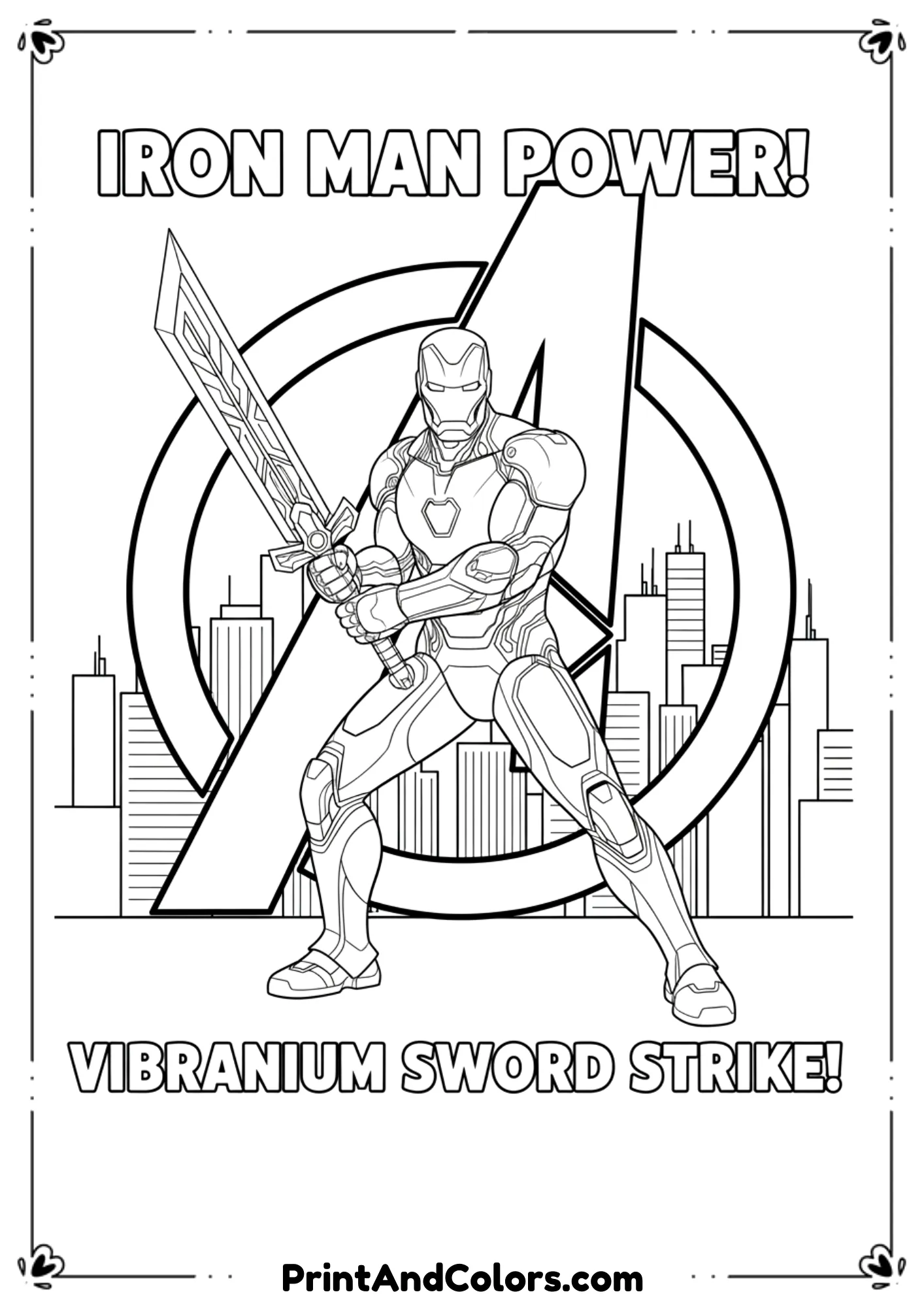 Outline art of Iron Man holding a futuristic vibranium sword in battle pose.

