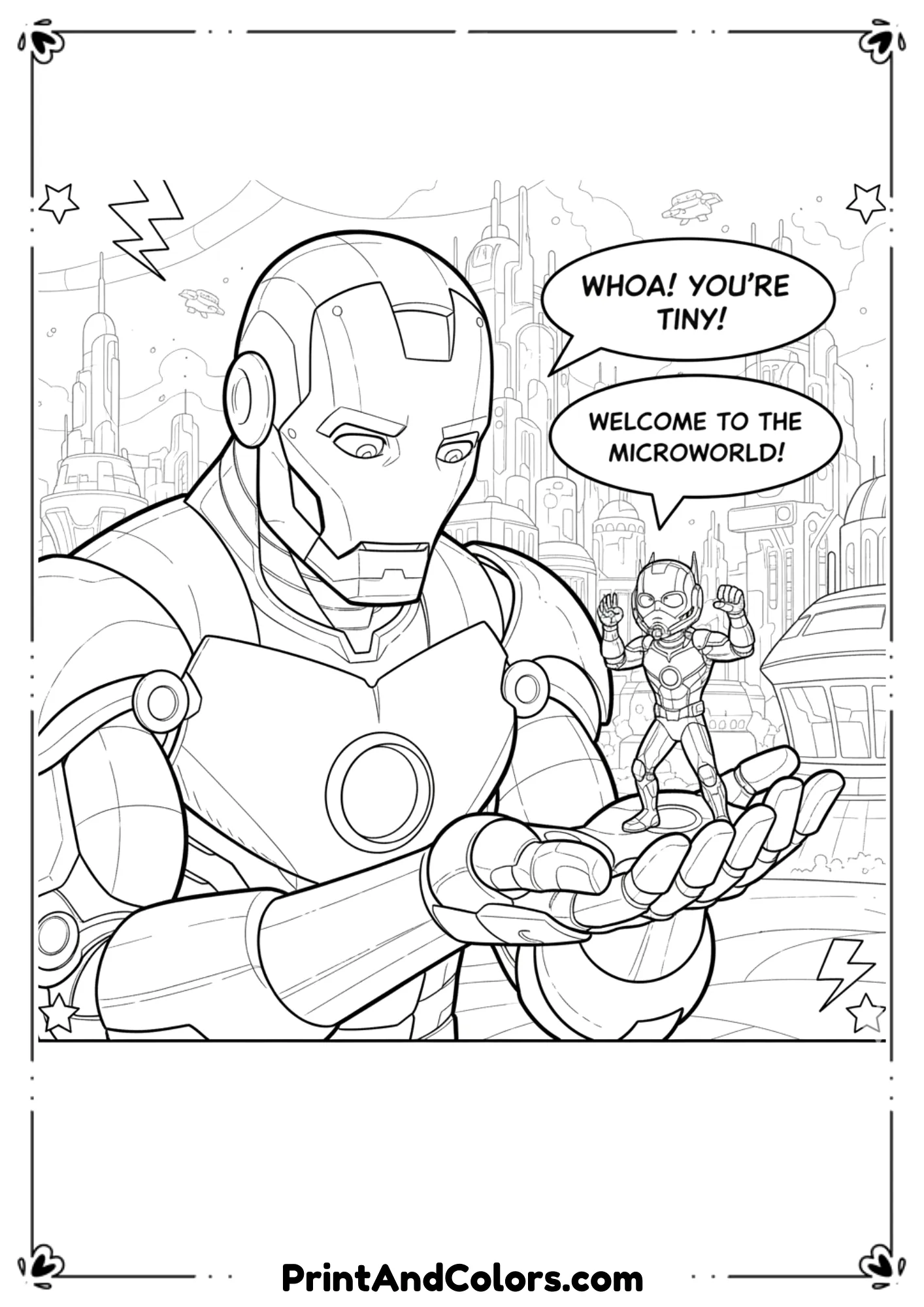 Line art of Iron Man looking at tiny Ant-Man standing on his hand, futuristic microscopic city in the background.
