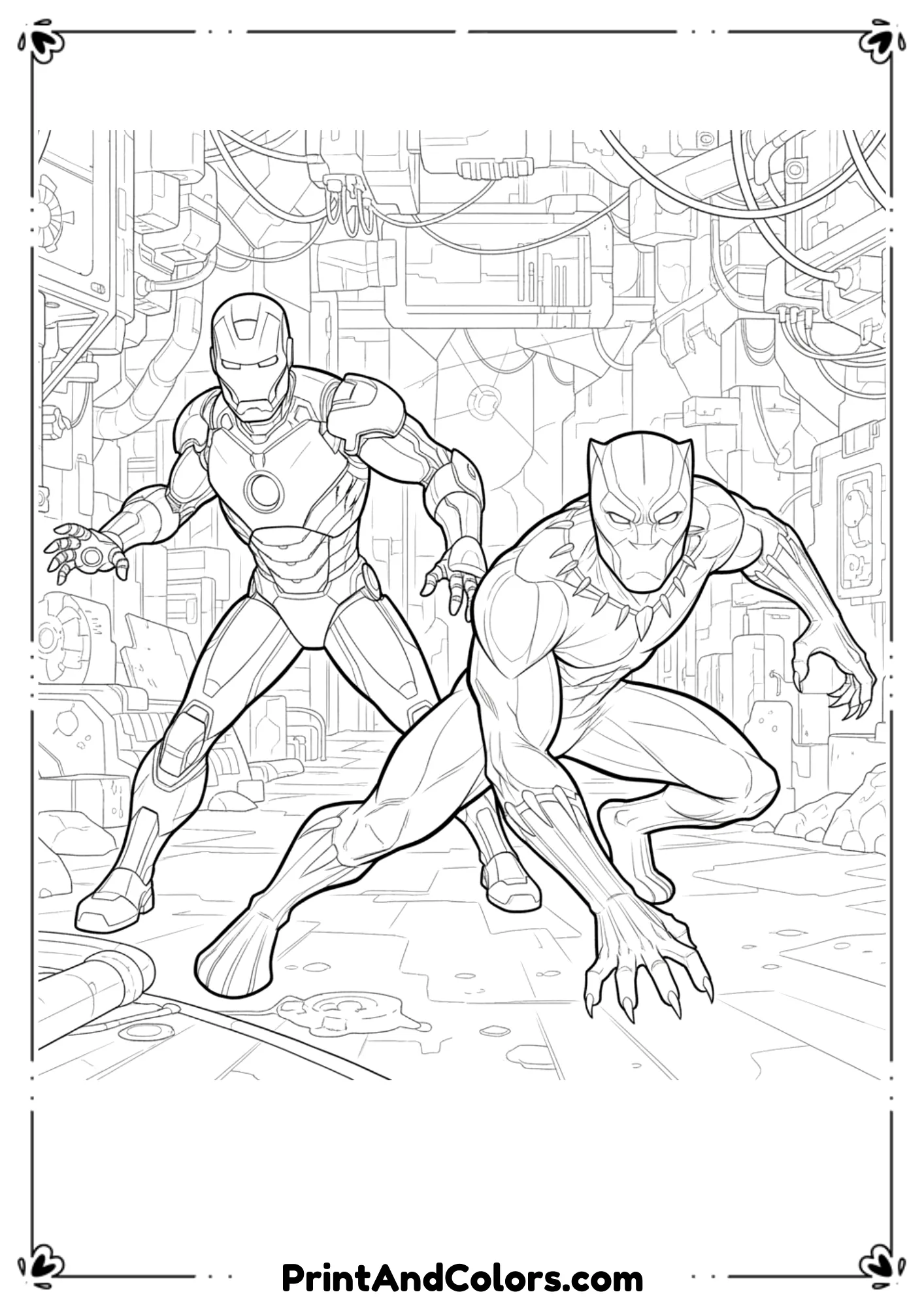 Black-and-white art of Iron Man and Black Panther sneaking through a secret mission, Iron Man’s armor glowing lines, Black Panther crouched in stealth pose.
