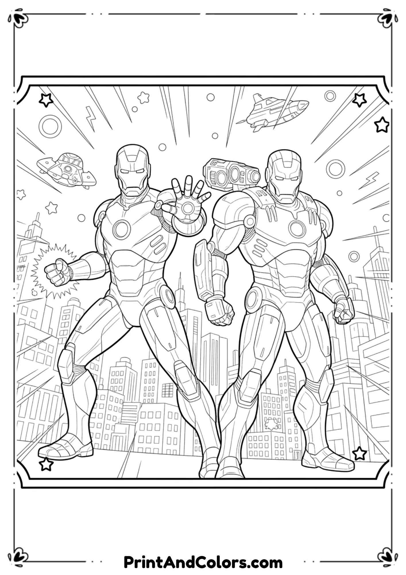  Black and white art of Iron Man standing with War Machine, both holding their weapons ready, strong outlines.
