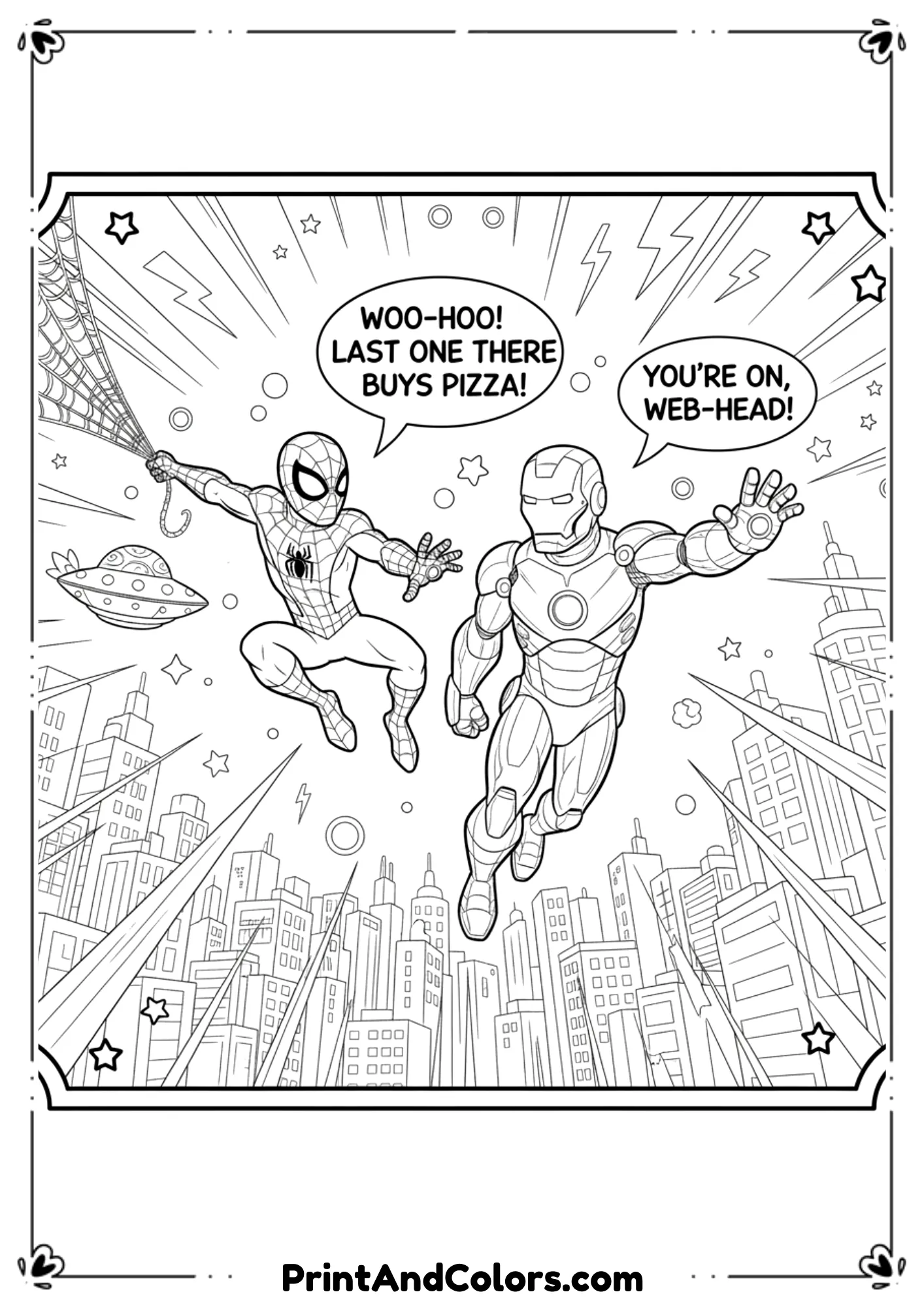  Line art of Spider-Man swinging on web beside Iron Man flying, friendly team-up scene.
