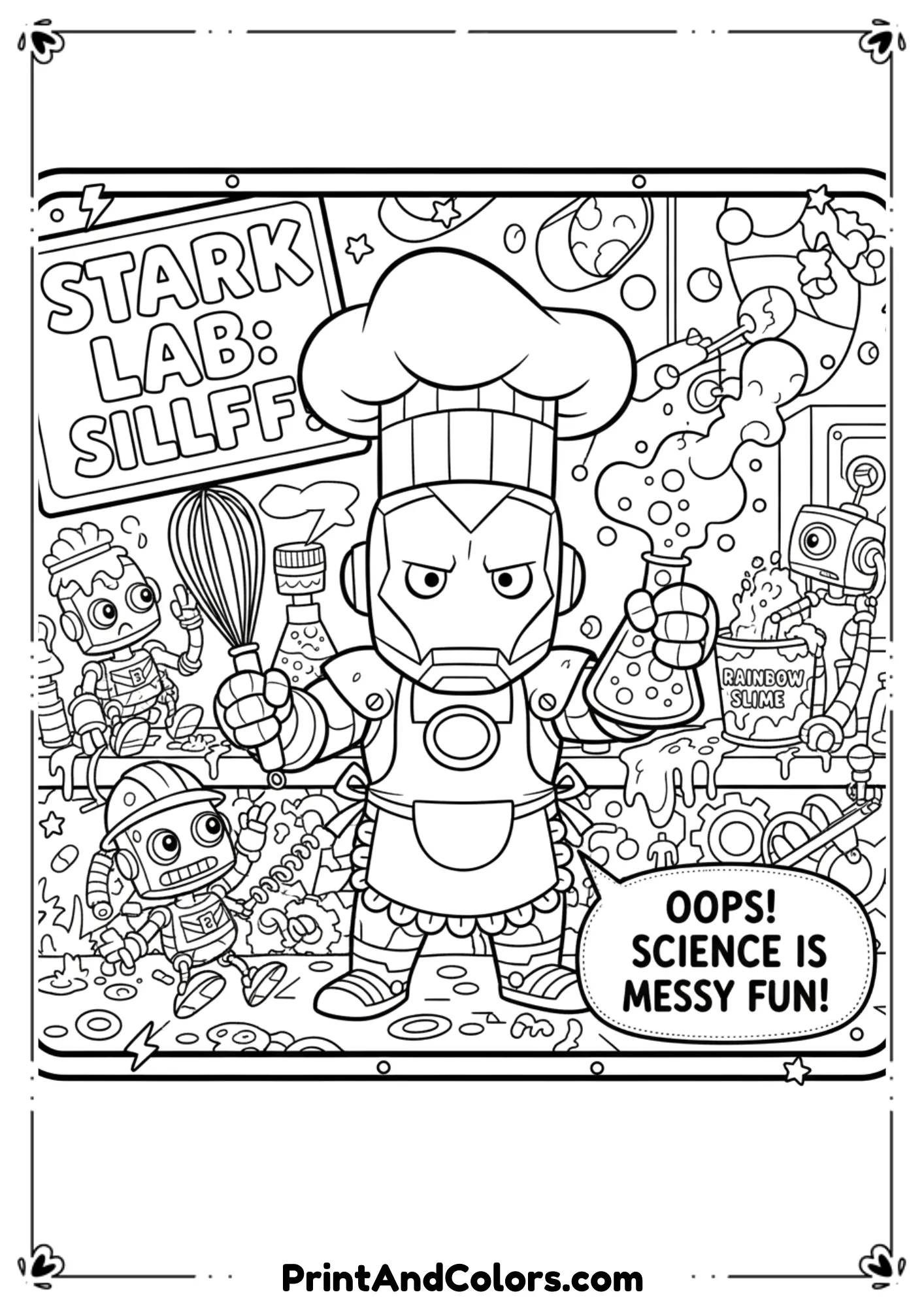 Line drawing of Iron Man inside Stark Industries lab, robotic arms working on his suit, detailed background with tech machines, clear outlines for coloring.
