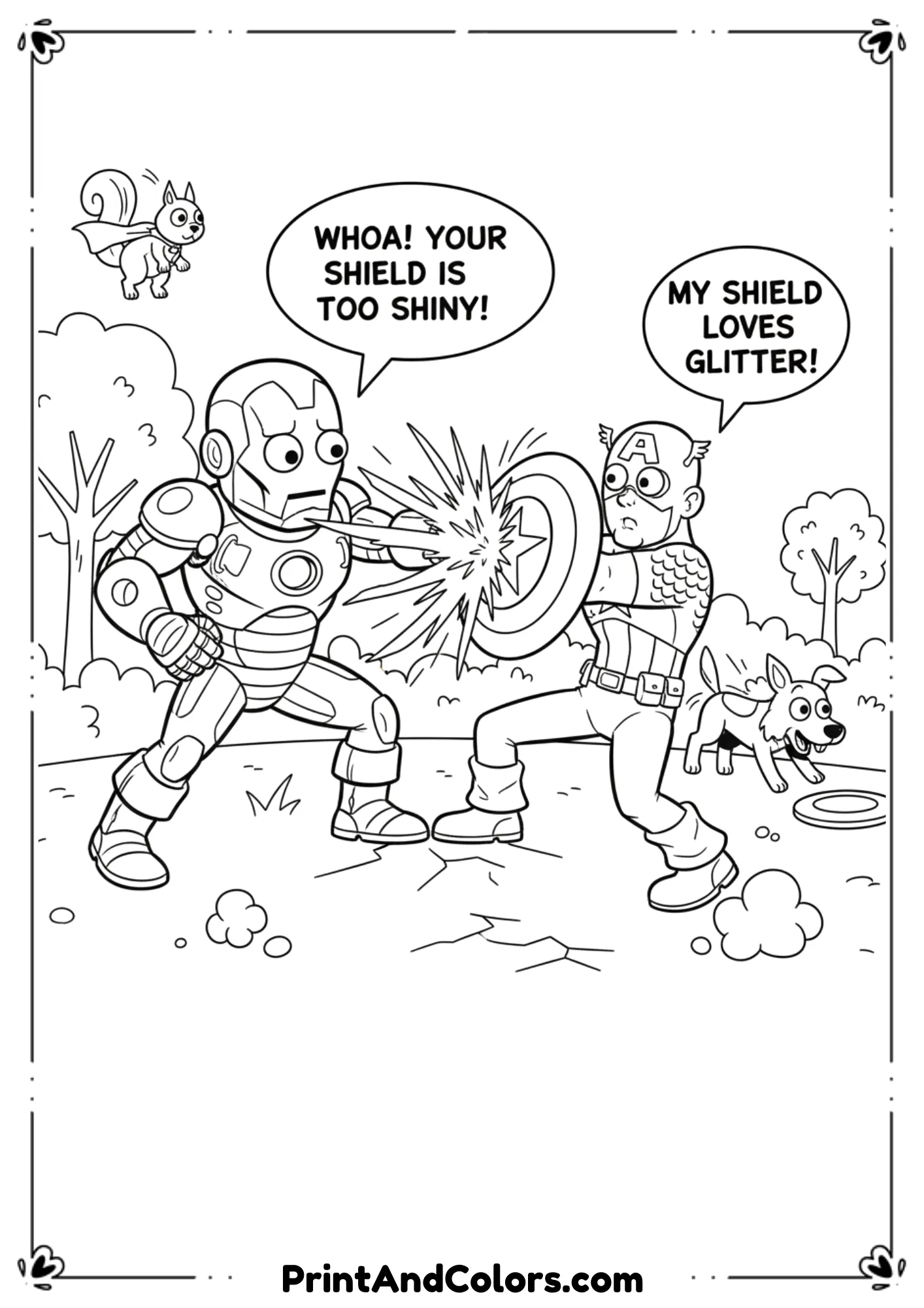 Black and white coloring page of Iron Man clashing with Captain America, Cap holding his shield up while Iron Man fires a repulsor beam.
