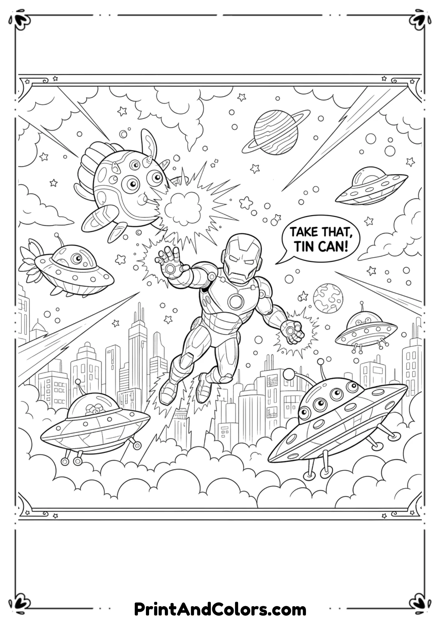 Black and white coloring page of Iron Man battling alien ships in the sky, energy blasts and spaceships around.