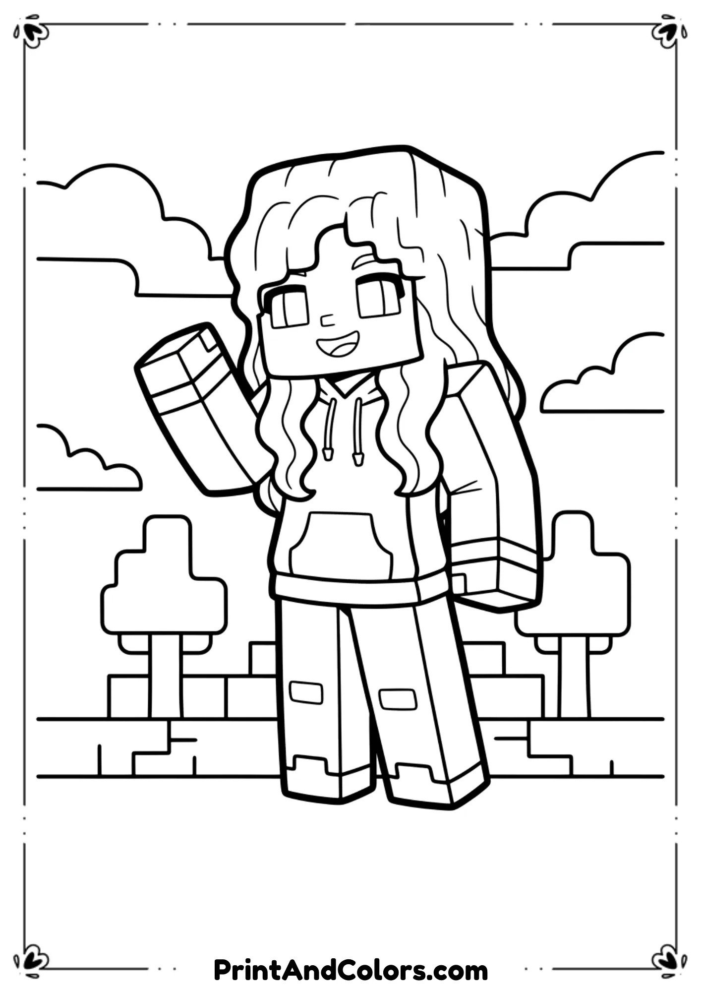  Black and white line illustration of a girl Minecraft-style character inspired by ItsAlyssa, friendly pose, blocky design, bold outlines, no shading, printable coloring page.
