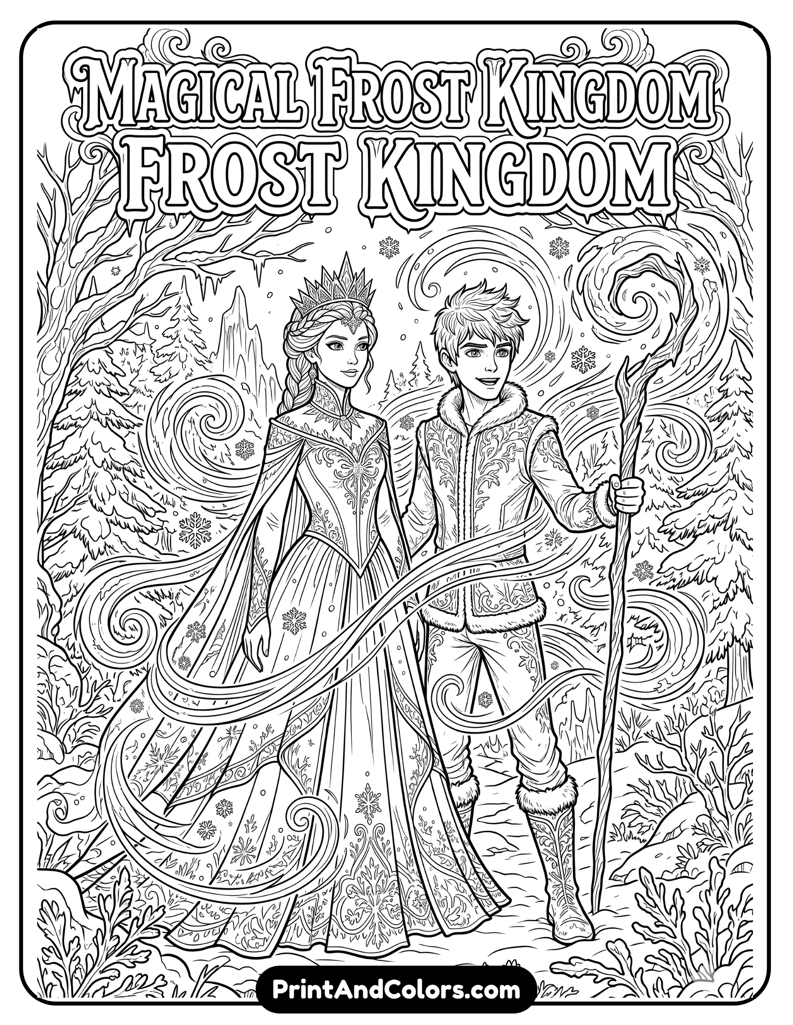 Fantasy coloring page inspired by Elsa and Jack Frost standing together in a magical snowy forest, icy wind effects swirling around them, Elsa in her ice gown and Jack Frost holding a frosty staff, black and white detailed line art, printable coloring book style with winter fantasy atmosphere