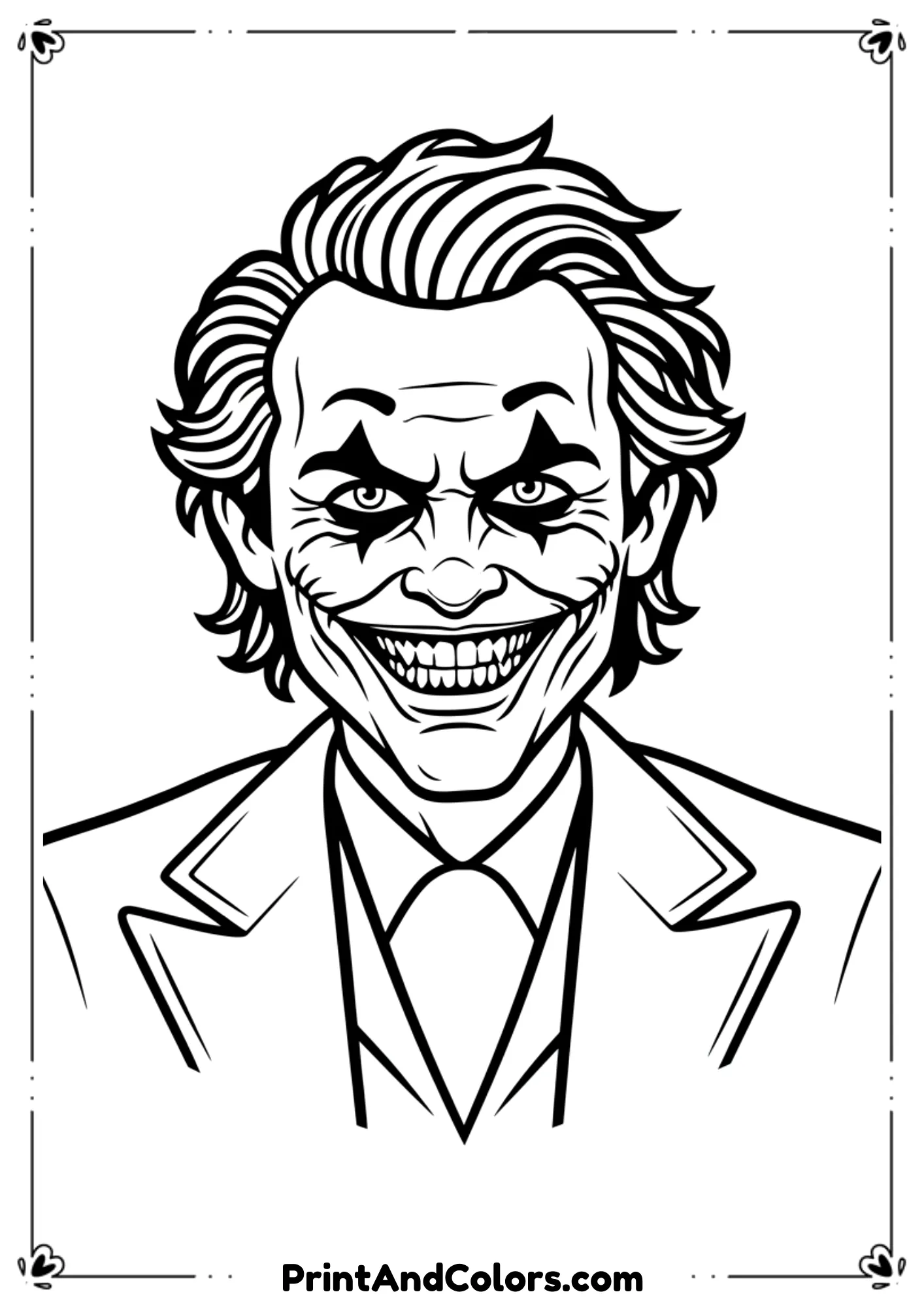  Classic Jack Nicholson Joker with hat and wide grin, black and white line drawing.
