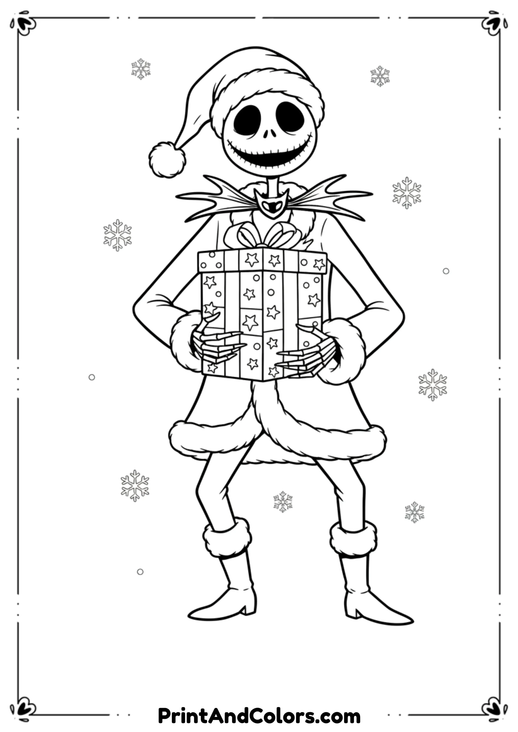  Black and white outline of Jack Skellington dressed as Santa Claus holding a Christmas present.
