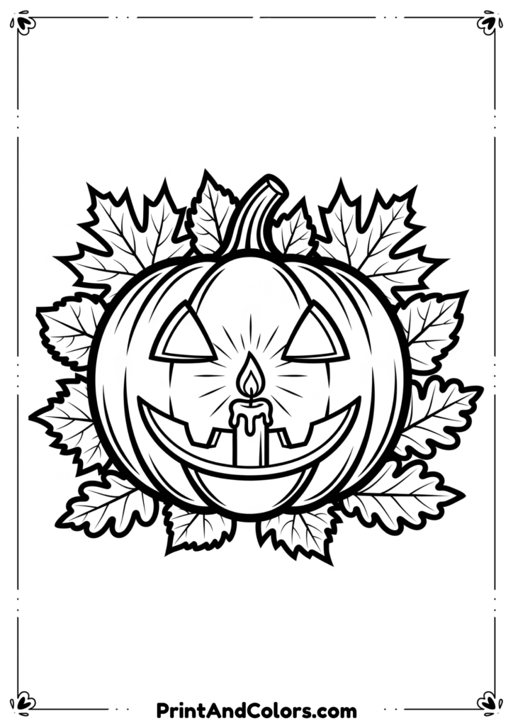 Pumpkin carved with smiling face, glowing candle inside, and autumn leaves around, outlined in line art.