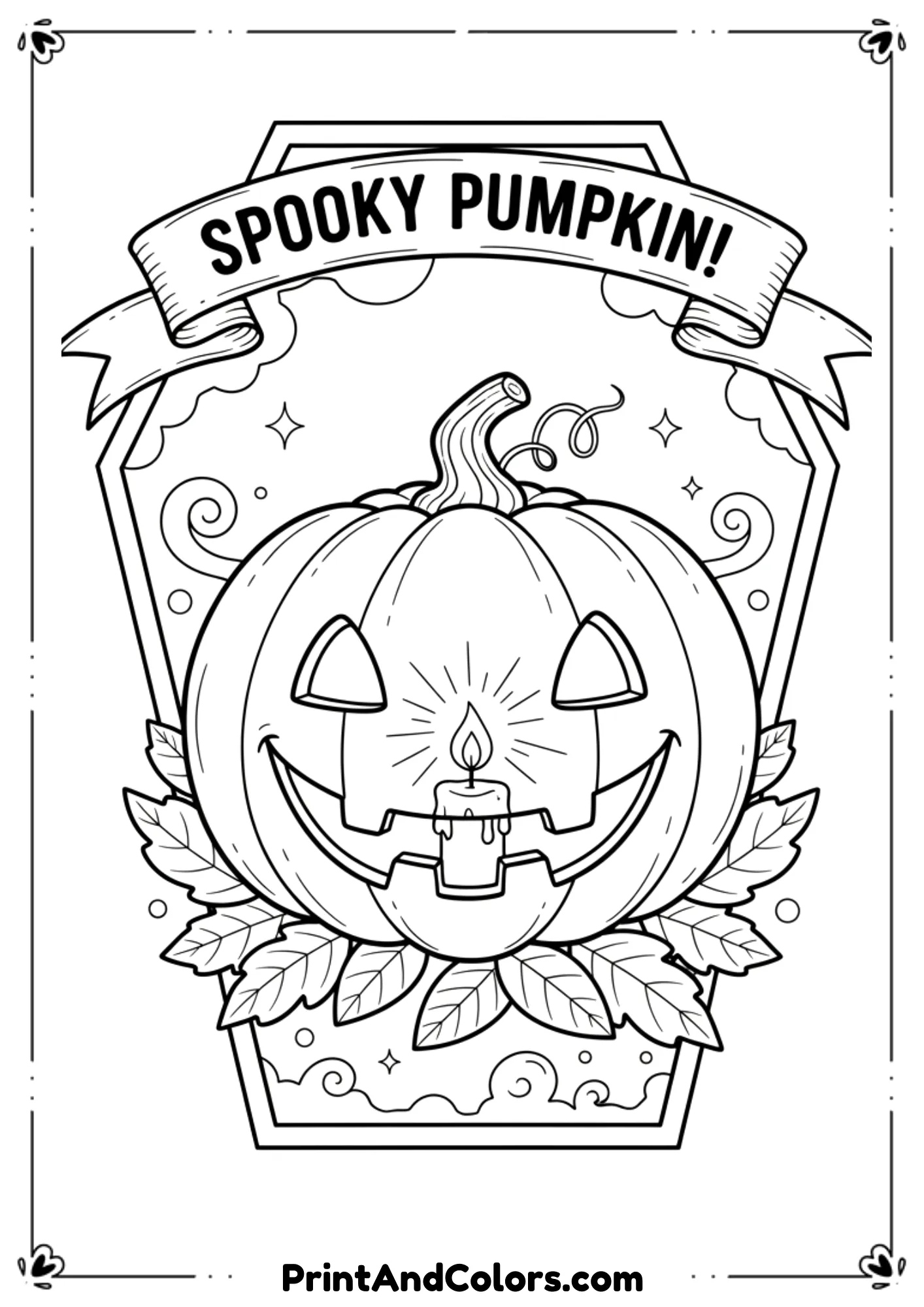 Pumpkin carved with smiling face, glowing candle inside, and autumn leaves around, outlined in line art.
