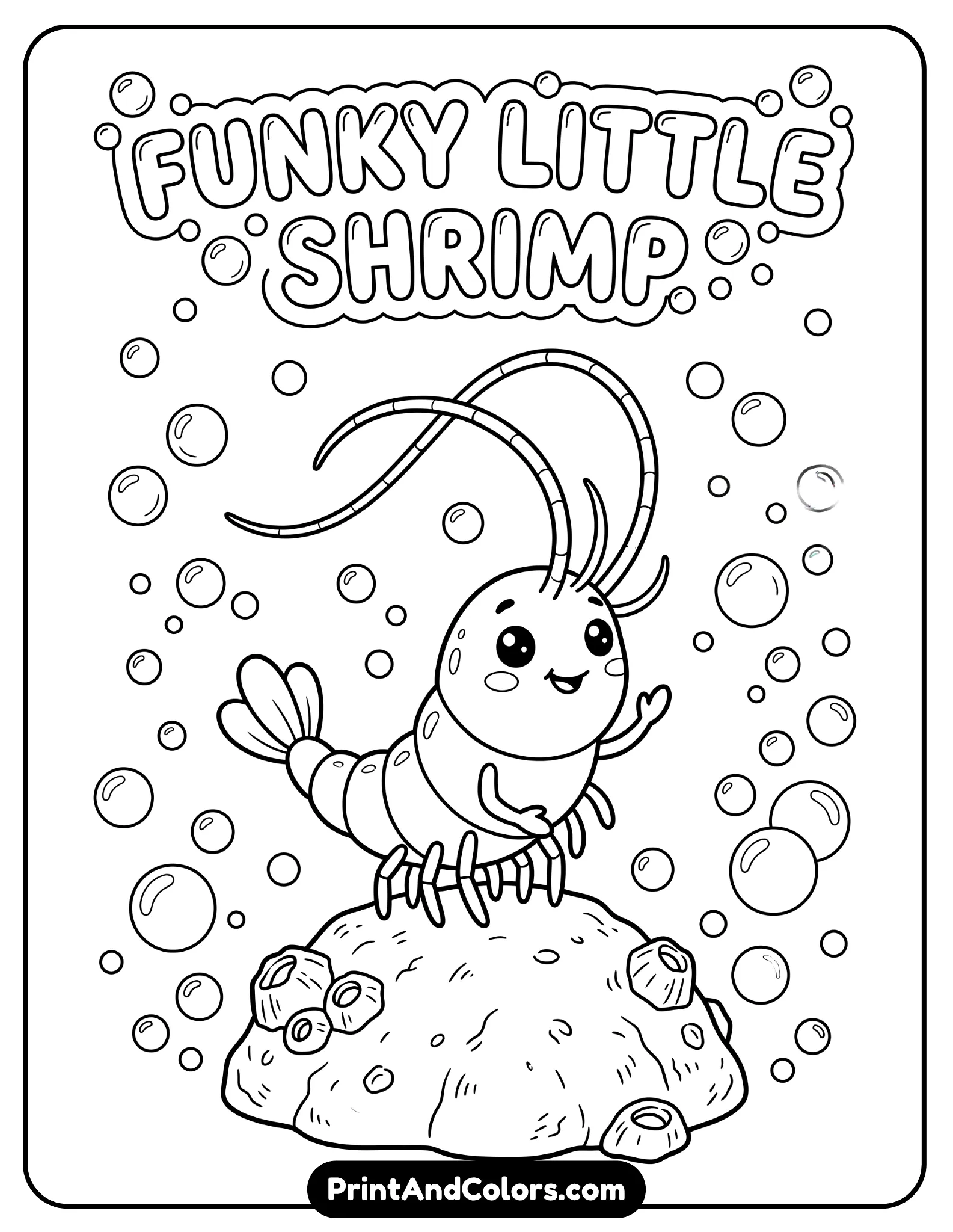 Line art of a small shrimp character with long antennae and tiny legs, standing on a rock with bubbles around. Clean lines, simple cartoon style