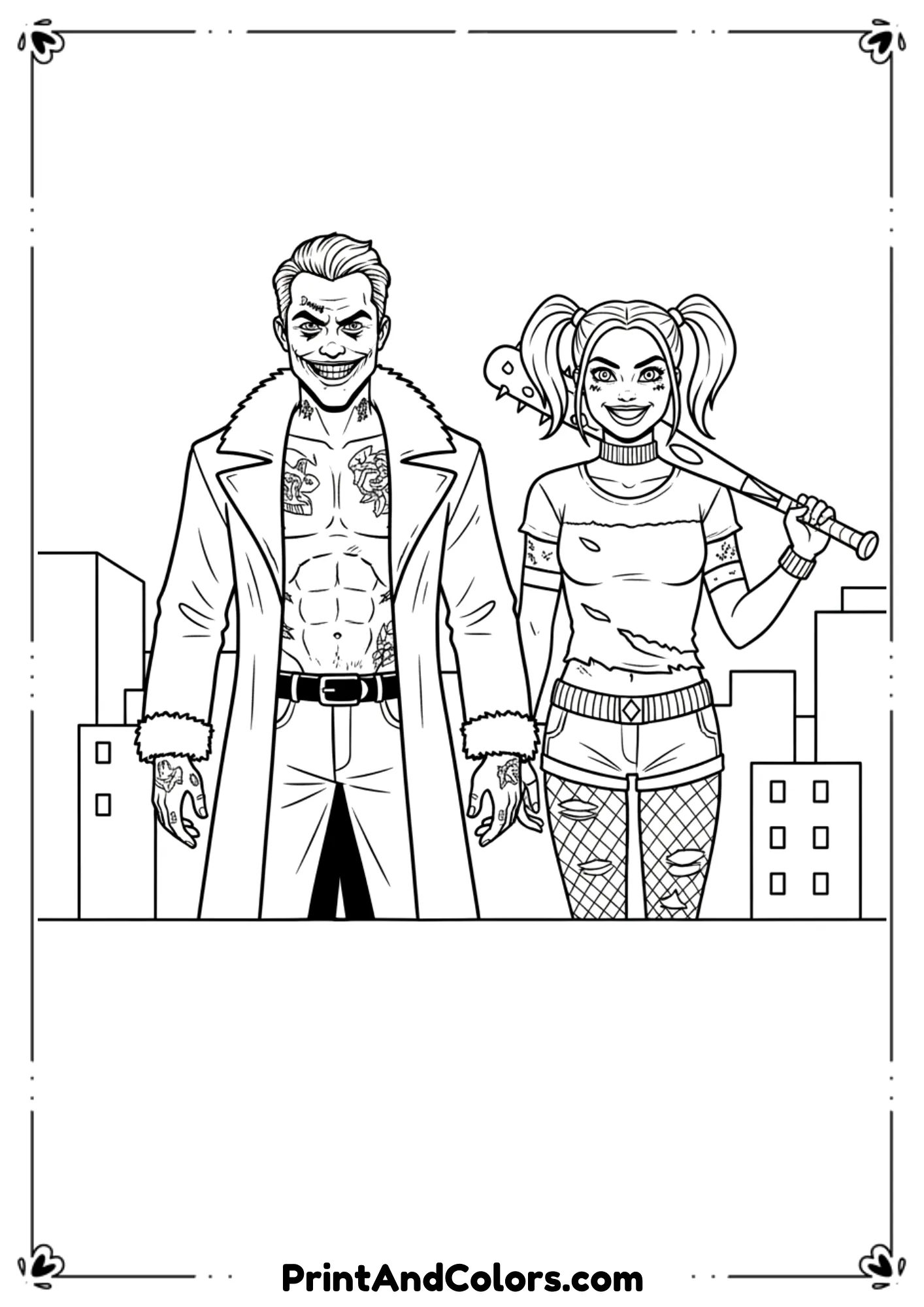 Joker and Harley Quinn standing together, black and white outlines, Jared Leto and Margot Robbie-inspired designs.
