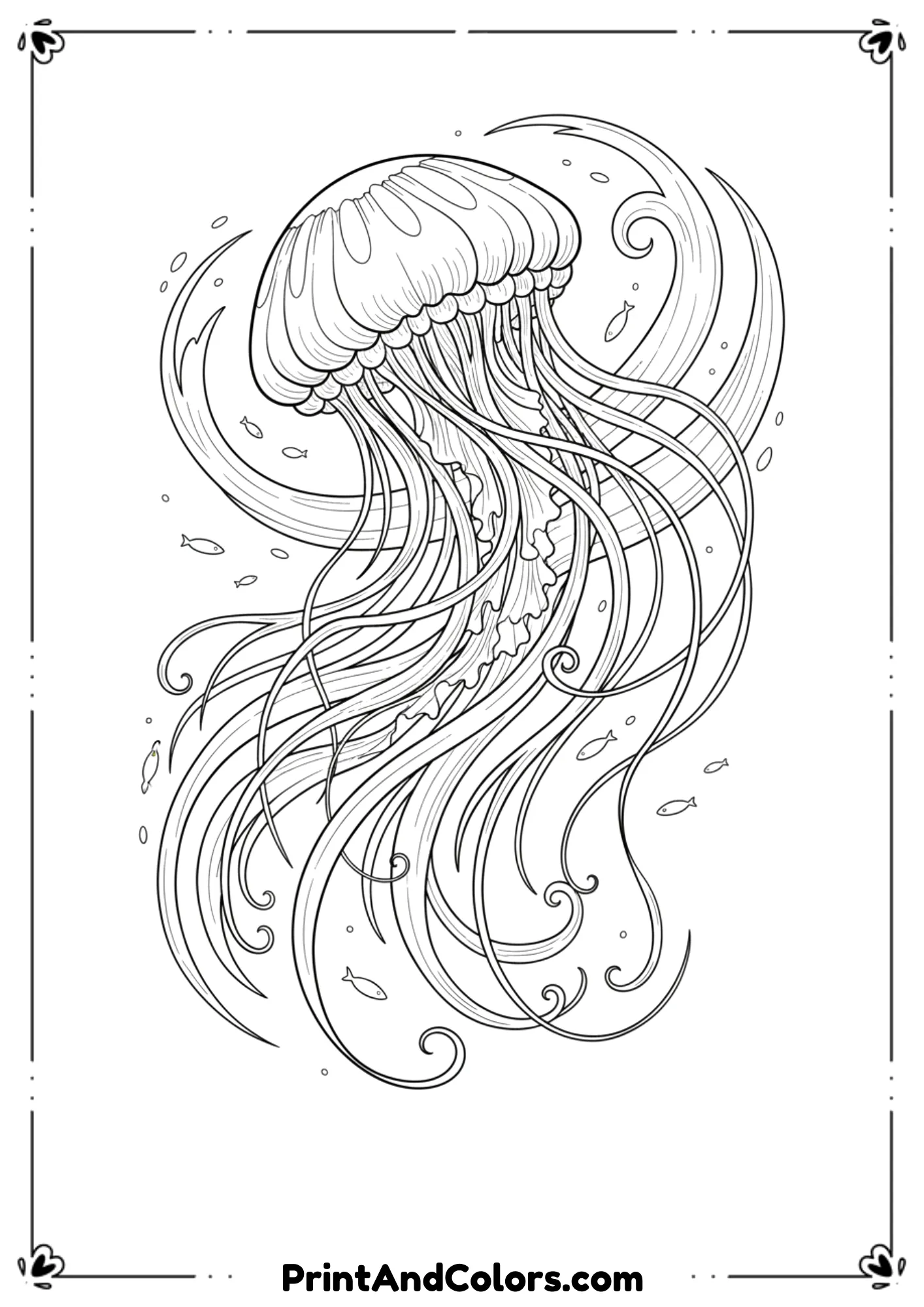Graceful jellyfish with long trailing tentacles, swirling water lines, and tiny fish silhouettes. Smooth flowing outlines, no shading.