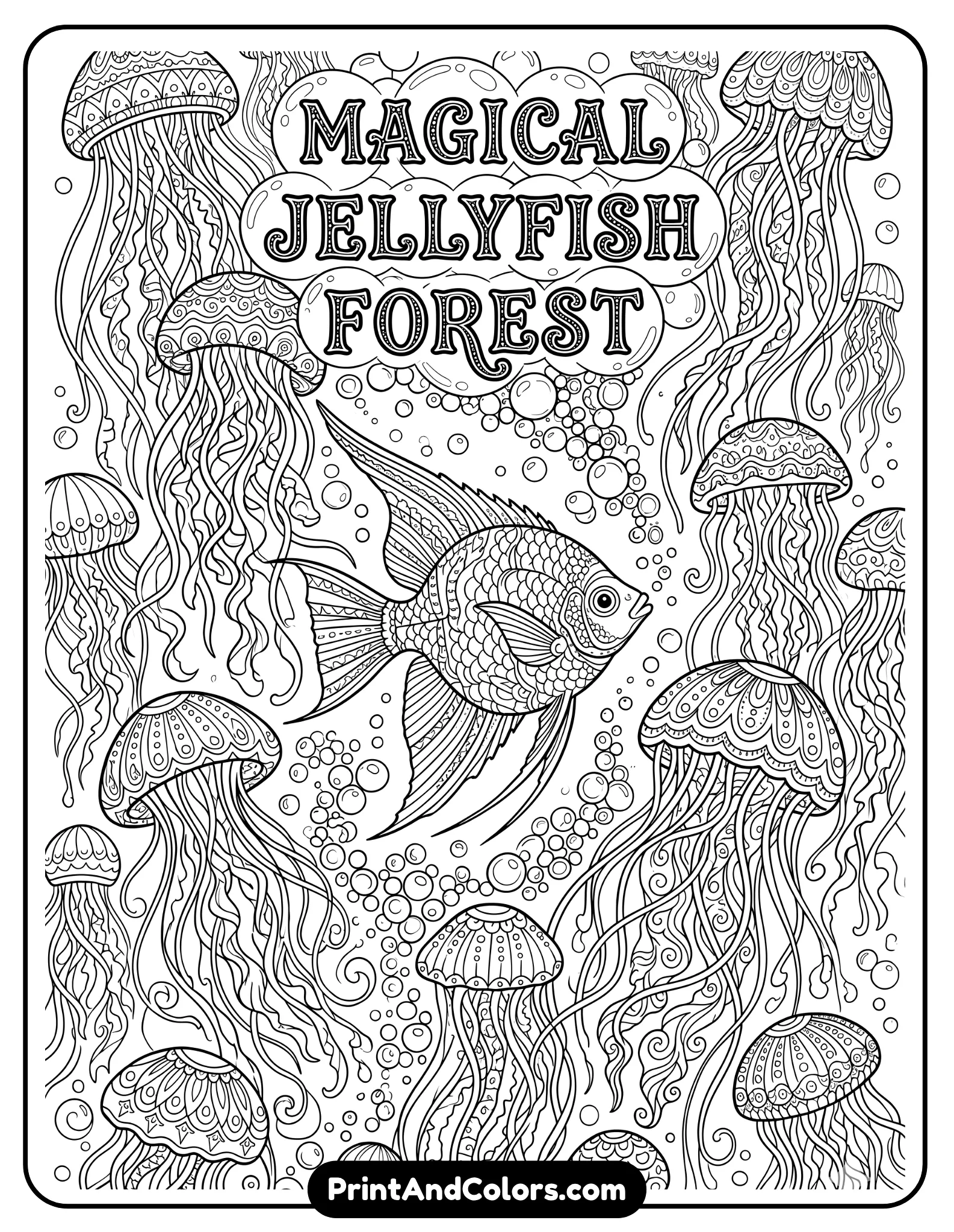 Line art of a fish swimming through a forest of jellyfish with long flowing tentacles, bubbles throughout, creating a magical underwater environment. Clean outlines, repeating patterns