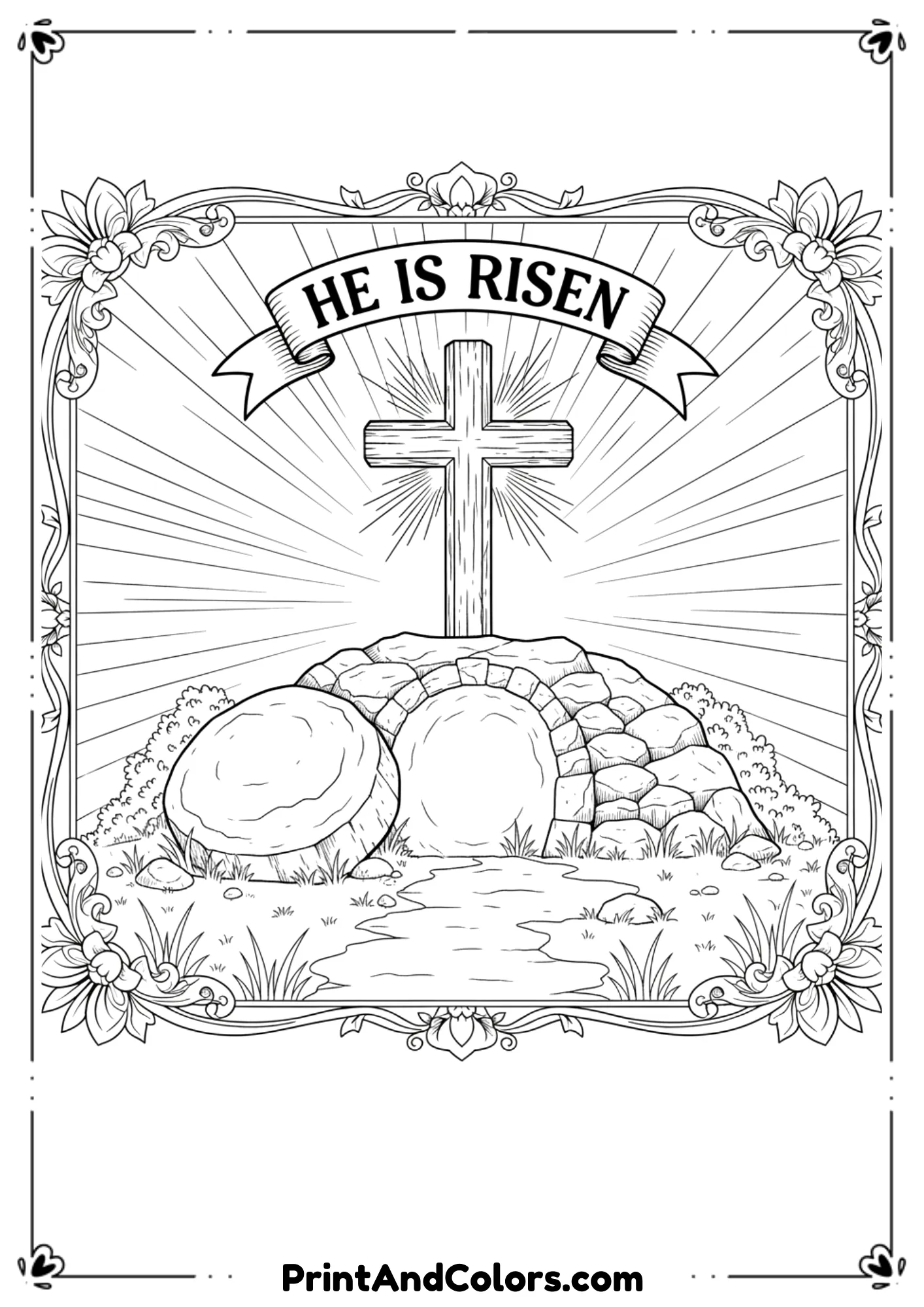 Line art of an empty tomb with a shining cross and banner reading "He Is Risen.
