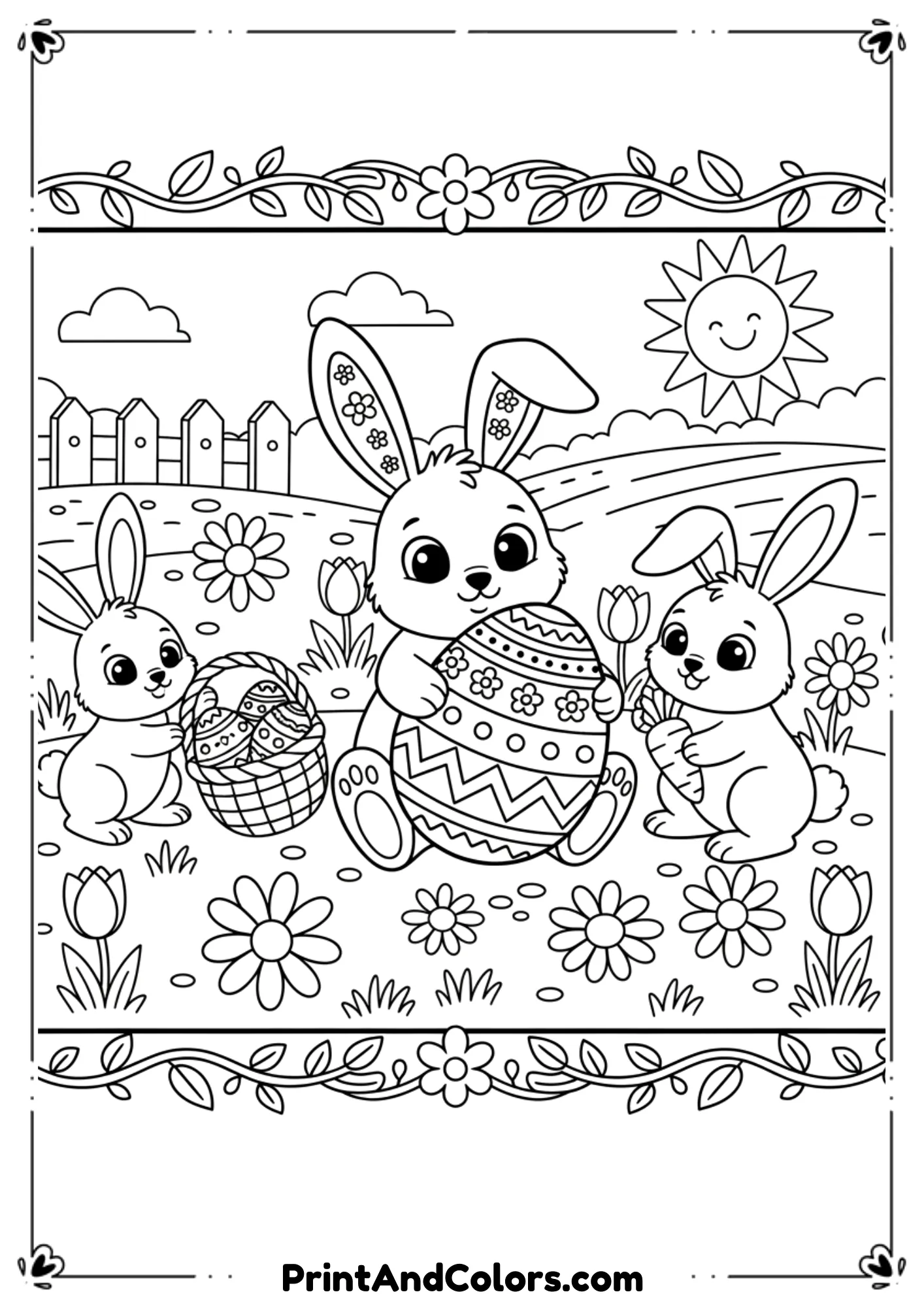 Black and white drawing of Jesus gently holding an egg with playful bunnies around him.
