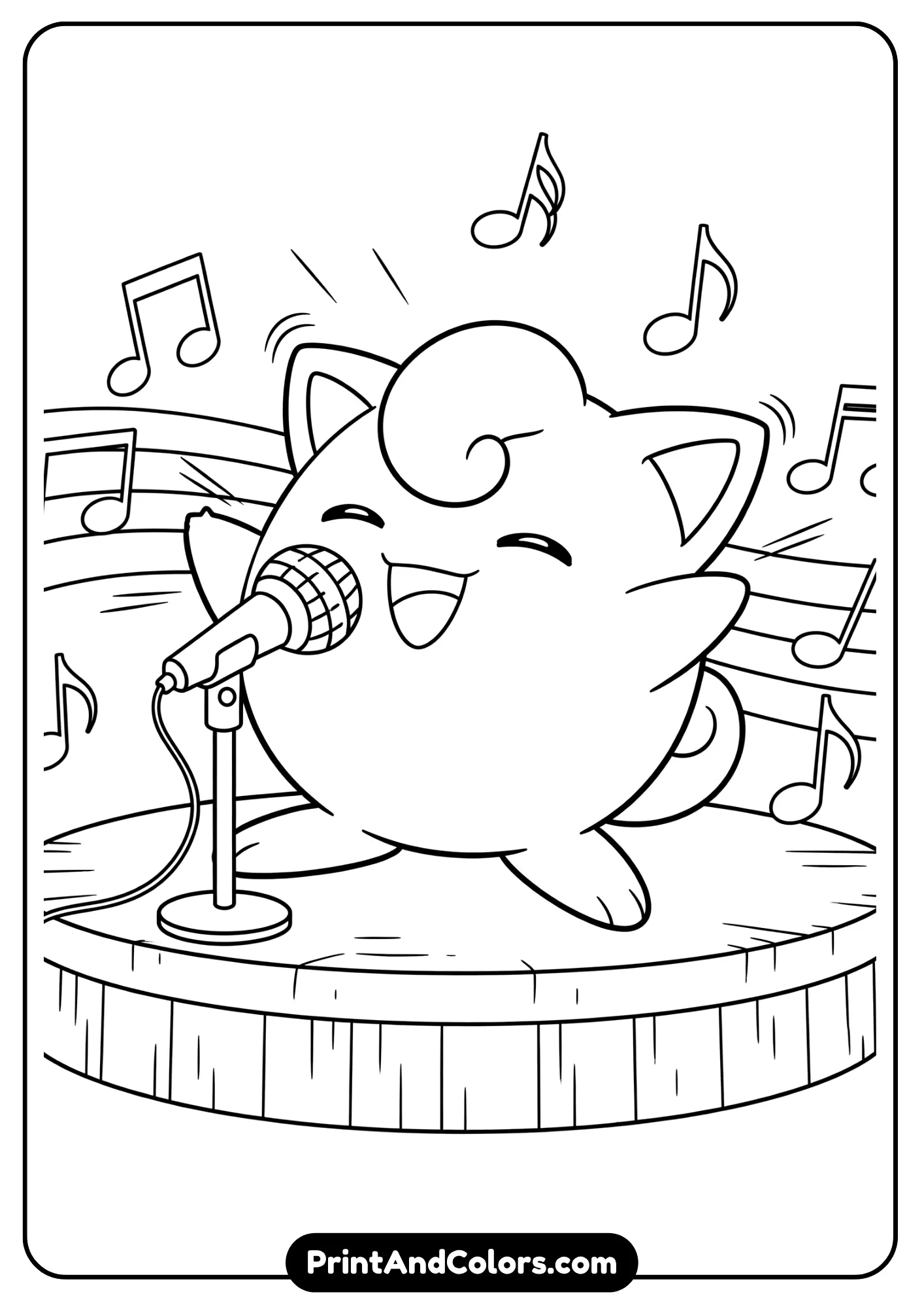 Jigglypuff singing on stage with musical notes – fun coloring sheet.