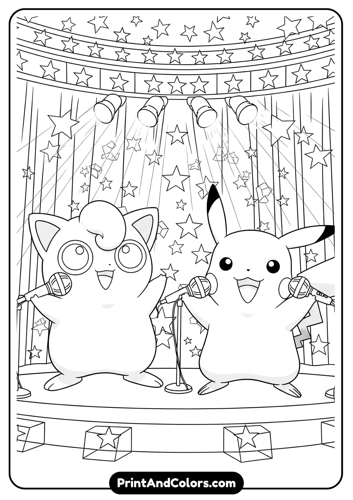 Pikachu and Jigglypuff singing on stage, starry line art (Cute Free Coloring Pages)