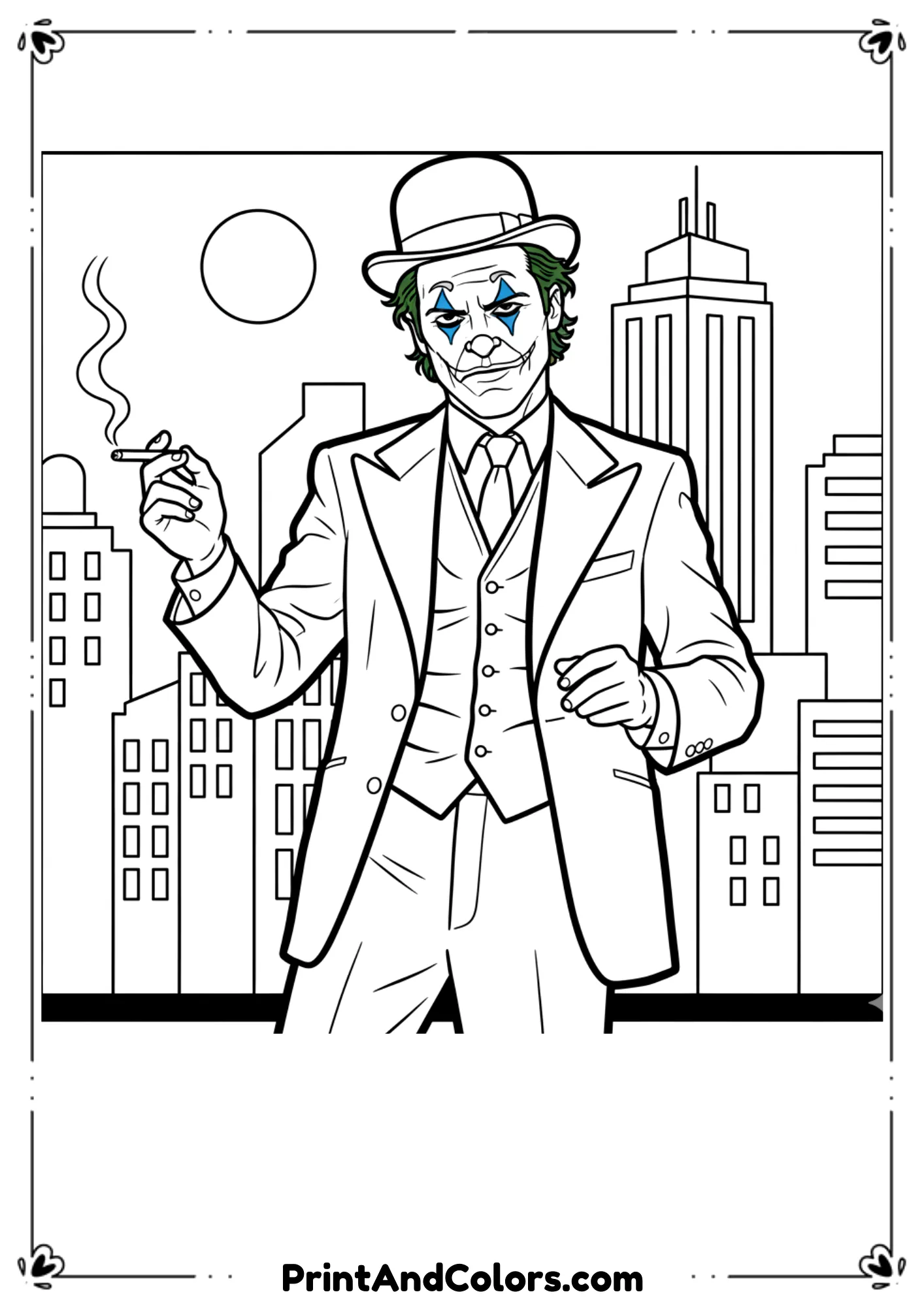 Full portrait of Joaquin Phoenix Joker in clown suit, black and white outline for coloring.
