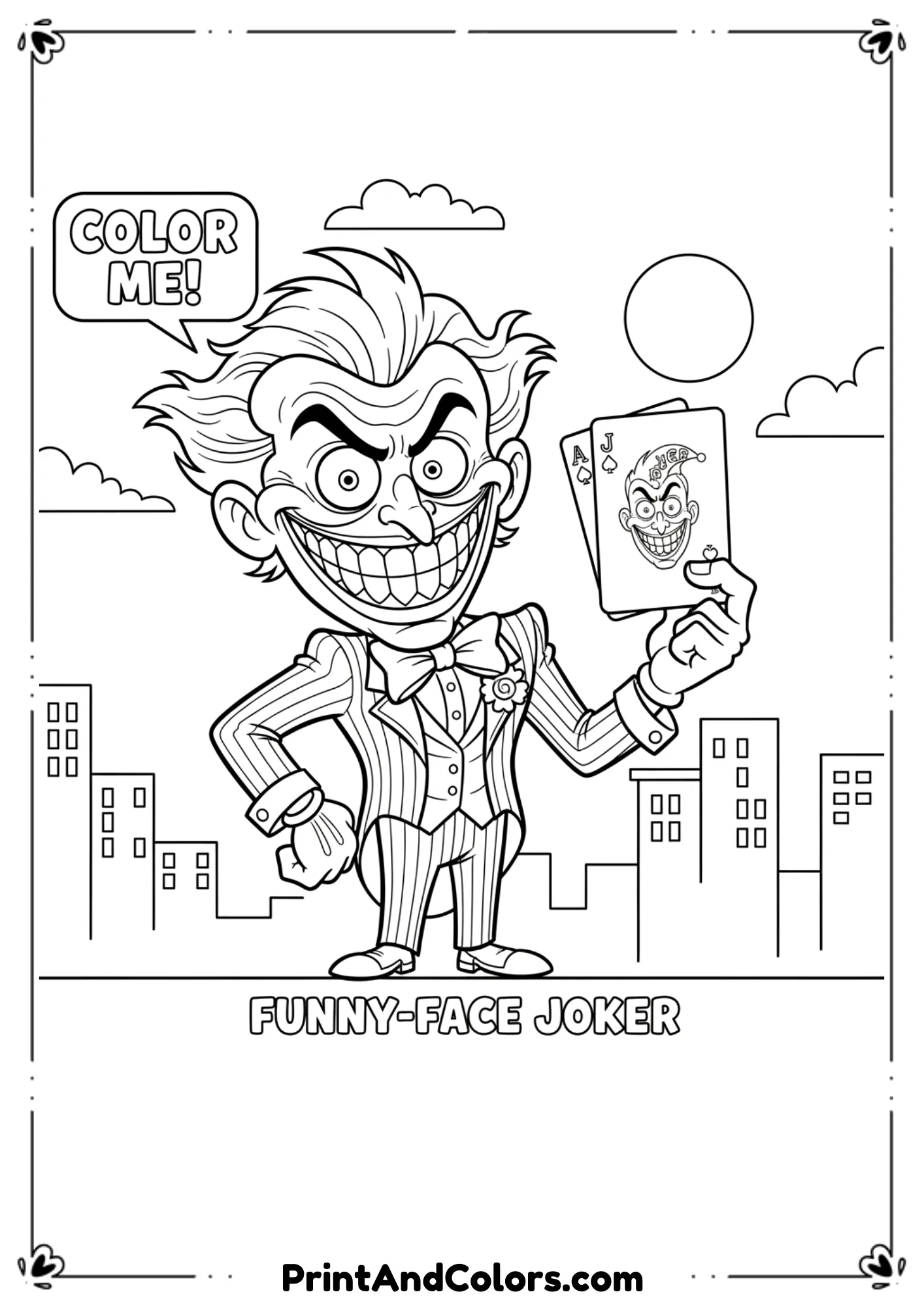  Fun cartoon version of Joker with exaggerated features, black and white clean outlines.
