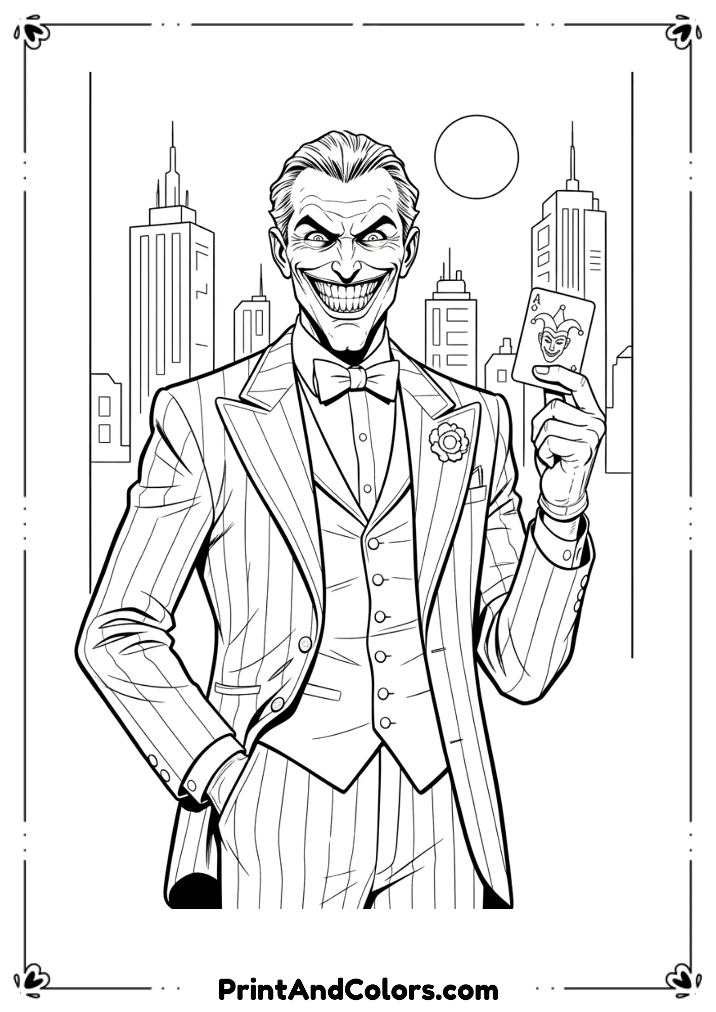  Black and white line art drawing of the Joker, standing confidently with his suit, wide grin, and slicked-back hair. The design should be detailed but with clean outlines, perfect for a coloring page.
