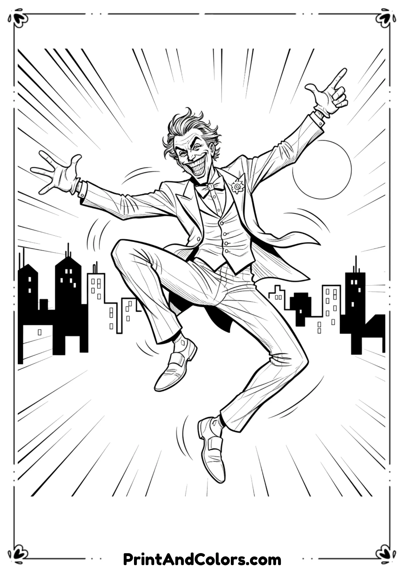 Joker dancing happily with exaggerated body movement, black and white comic outline.
