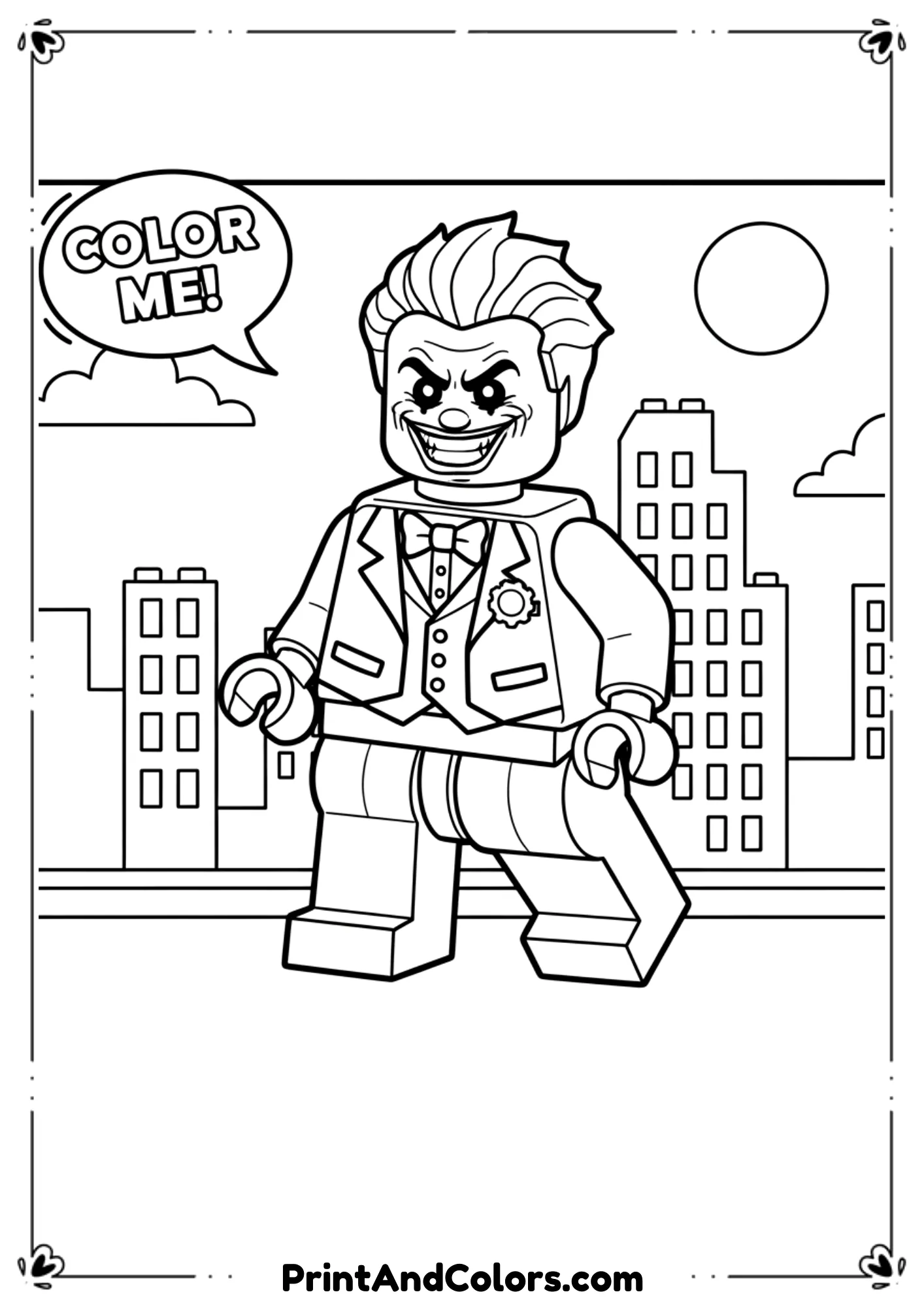 Lego-style Joker figure with mischievous grin, outlined in bold black and white lines.
