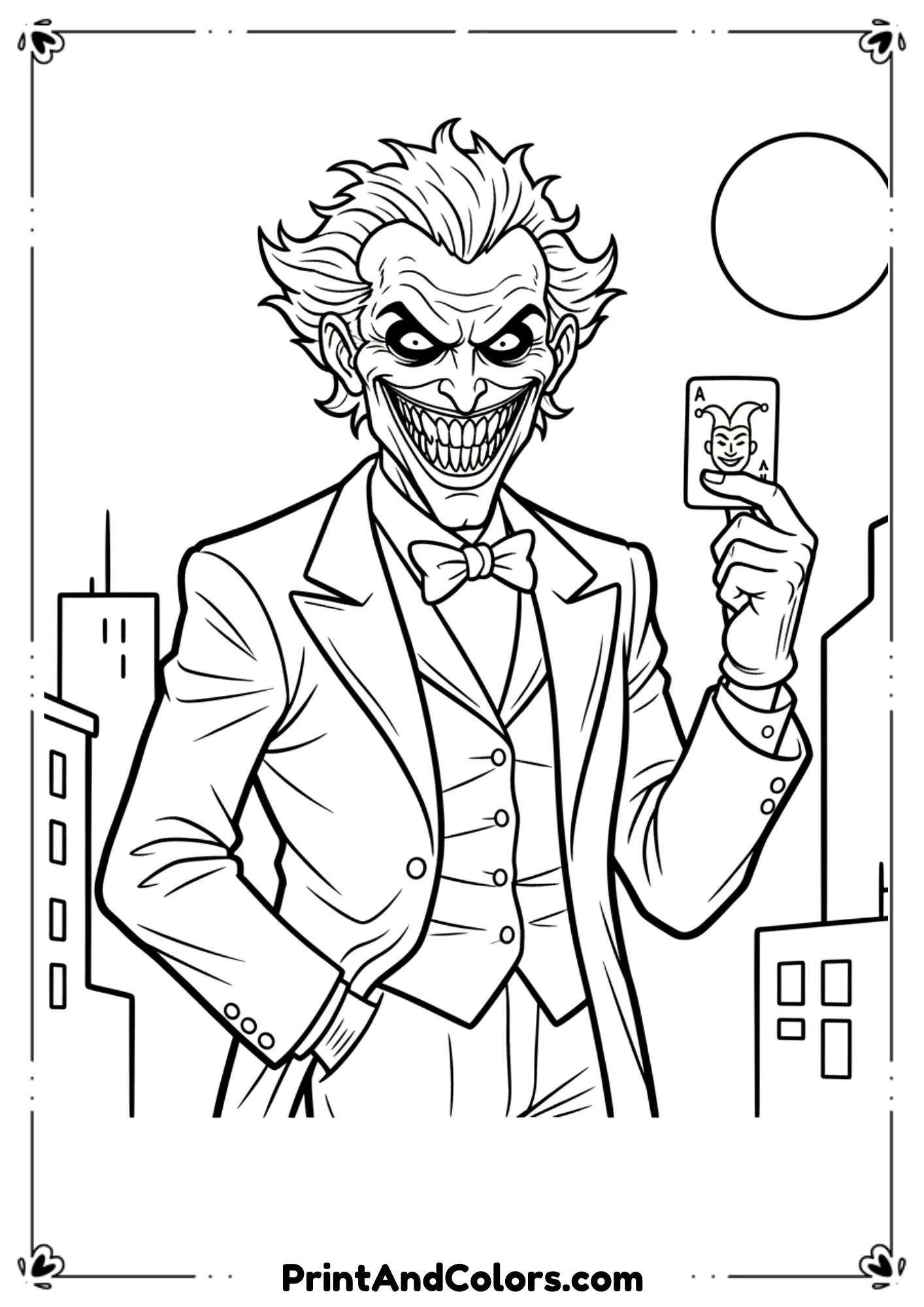 Creepy Joker with a sinister wide smile, sharp features, and messy hair. Black and white line drawing with bold outlines, ideal for coloring.
