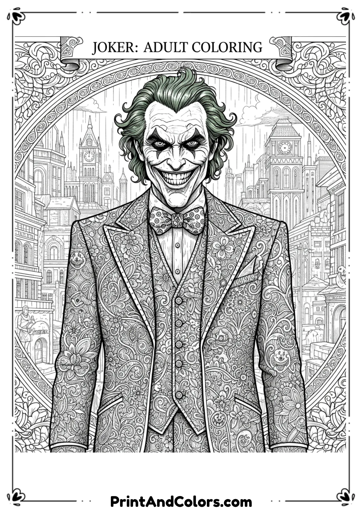 Highly detailed Joker design with complex patterns, black and white intricate outline for adults.
